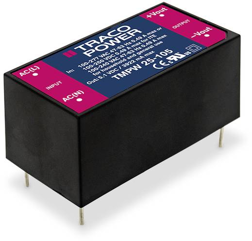 'Traco Power'-Spannungswandler, rechteckiges schwarzes Gehäuse mit beschriftetem Etikett, zeigt Eingangs- und Ausgangsparameter.
