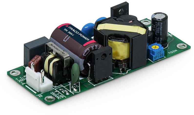 Elektronische Leiterplatte mit verschiedenen Bauteilen wie Transformator, Widerständen und Kondensatoren. Dient der Spannungsumwandlung.