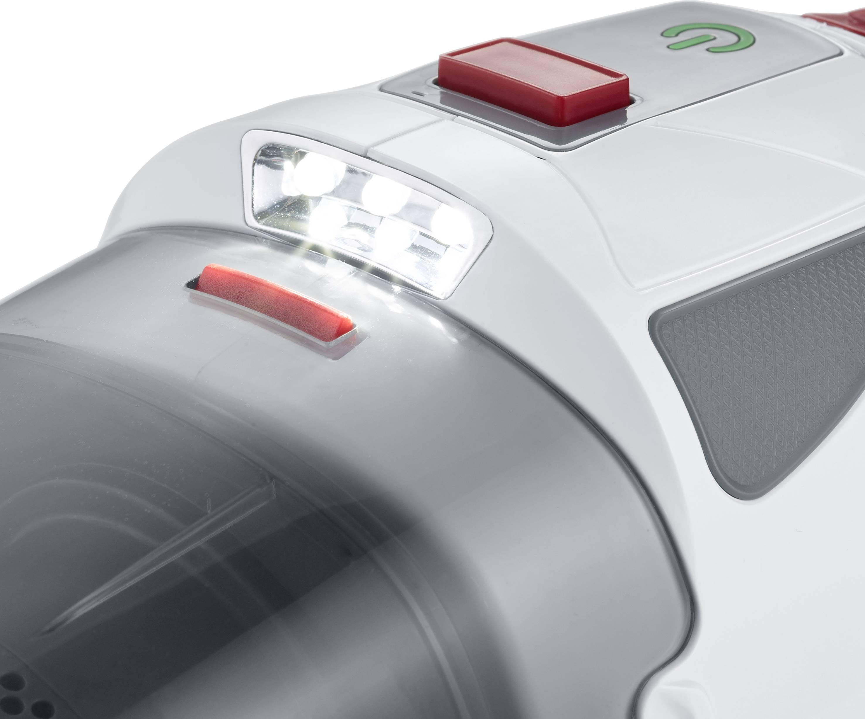 Ein weißer Handstaubsauger mit einer LED-Leuchte an der Vorderseite und zwei roten Schaltern.