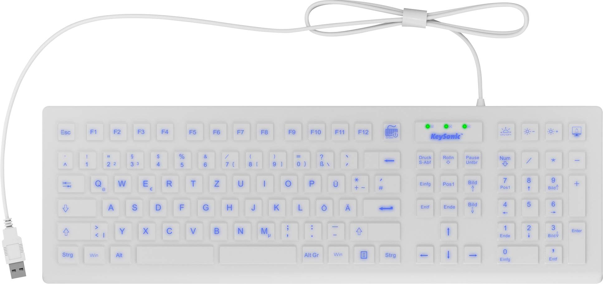 Keysonic KSK-8031INEL-Wh Kabelgebunden Tastatur Deutsch, QWERTZ Weiß Beleuchtet, USB-Anschluss, Staubgeschützt