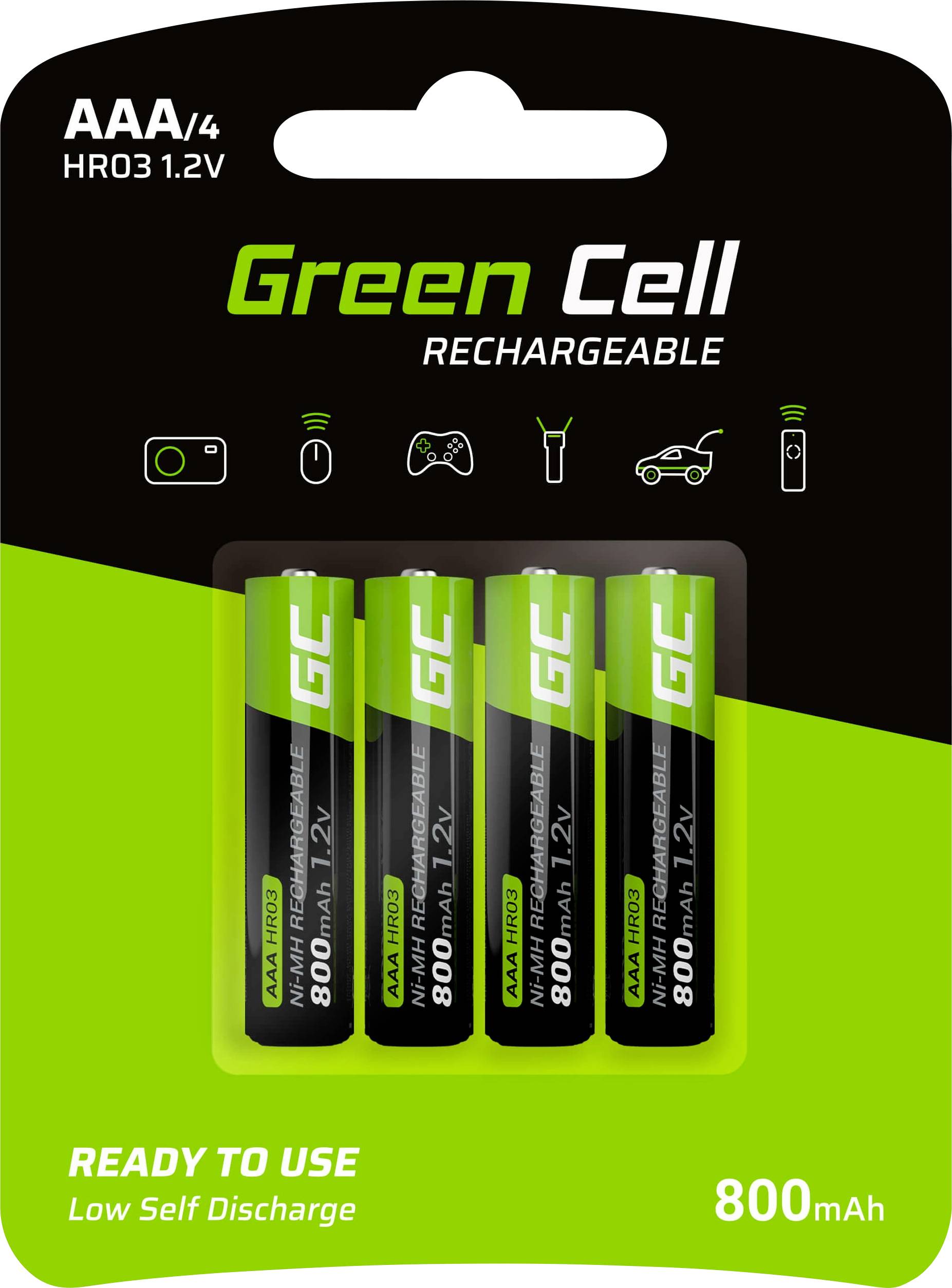 Packung mit vier wiederaufladbaren AAA-Batterien von Green Cell, 800mAh Kapazität, mit Geräten wie Kamera und Fernbedienung abgebildet.