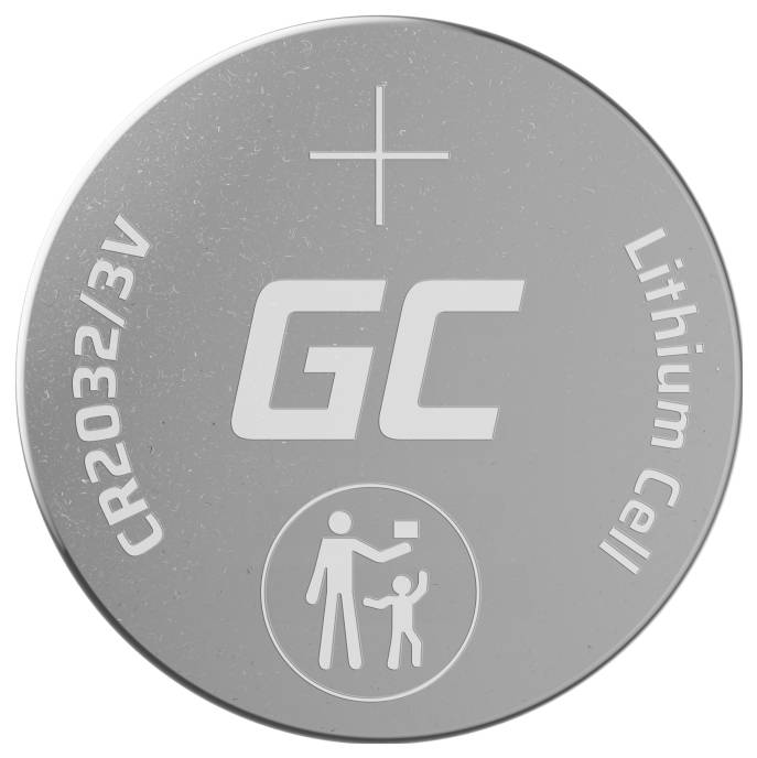 Runde Knopfzellenbatterie mit der Aufschrift 'CR2032/3V Lithium Cell' und 'GC', Symbol zeigt eine Person, die etwas an ein Kind übergibt.