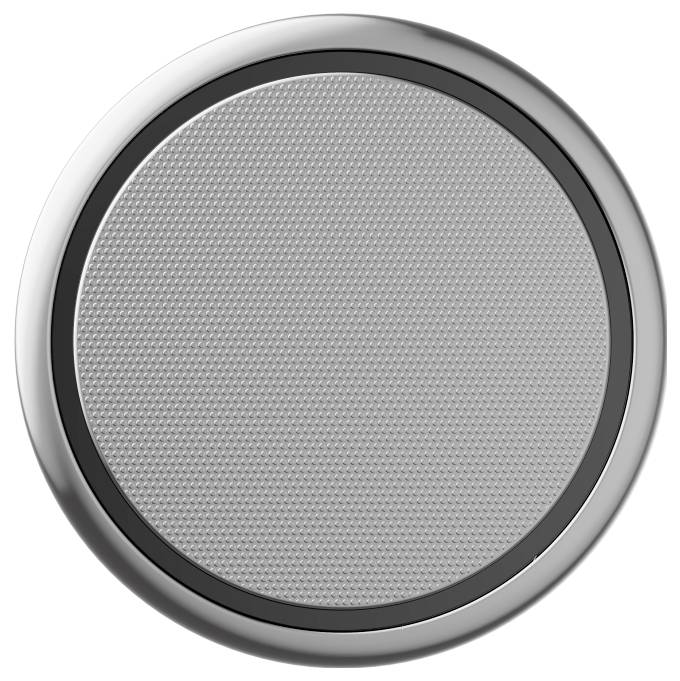 Runder, silberner Lautsprecher mit feinem Gittermuster in der Mitte, umgeben von einem glänzenden Metallrand.