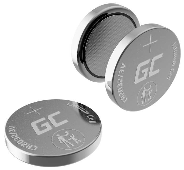 Zwei silberne Knopfzellen-Batterien, auf der Oberseite der Aufdruck 'GC' und 'Lithium Cell'. Die Batterien sind aufrecht und flach liegend abgebildet.