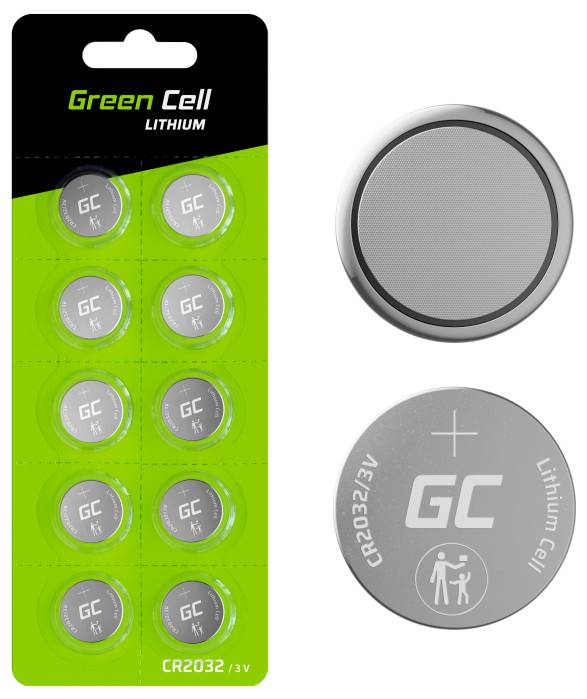'Green Cell Lithium CR2032 3V Batterien-Packung' mit zehn Batterien. Jede Batterie ist rund und silbern, geeignet für Kleingeräte.