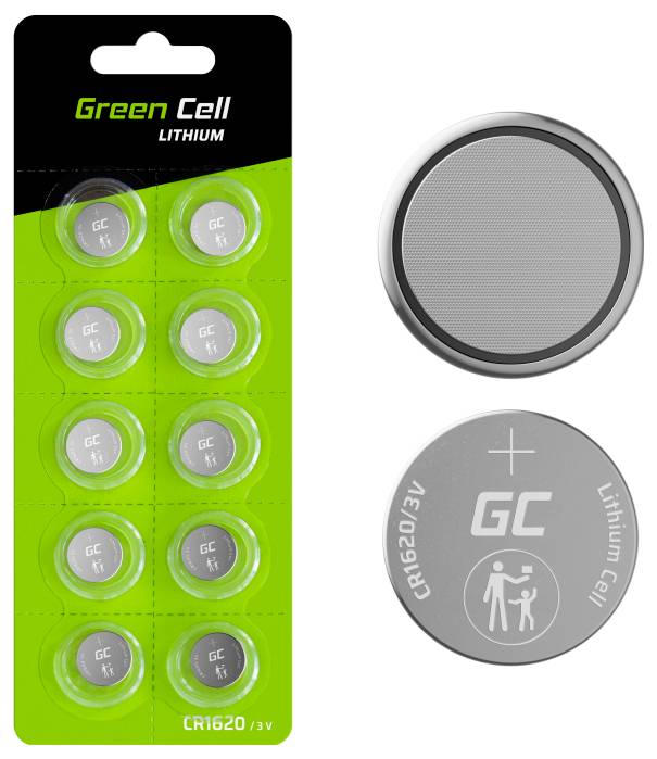 Green Cell Lithium Batterie, Modell CR1620, 3V, 10er-Pack. Rund, silbern, geeignet für Uhren und ähnliche Geräte.