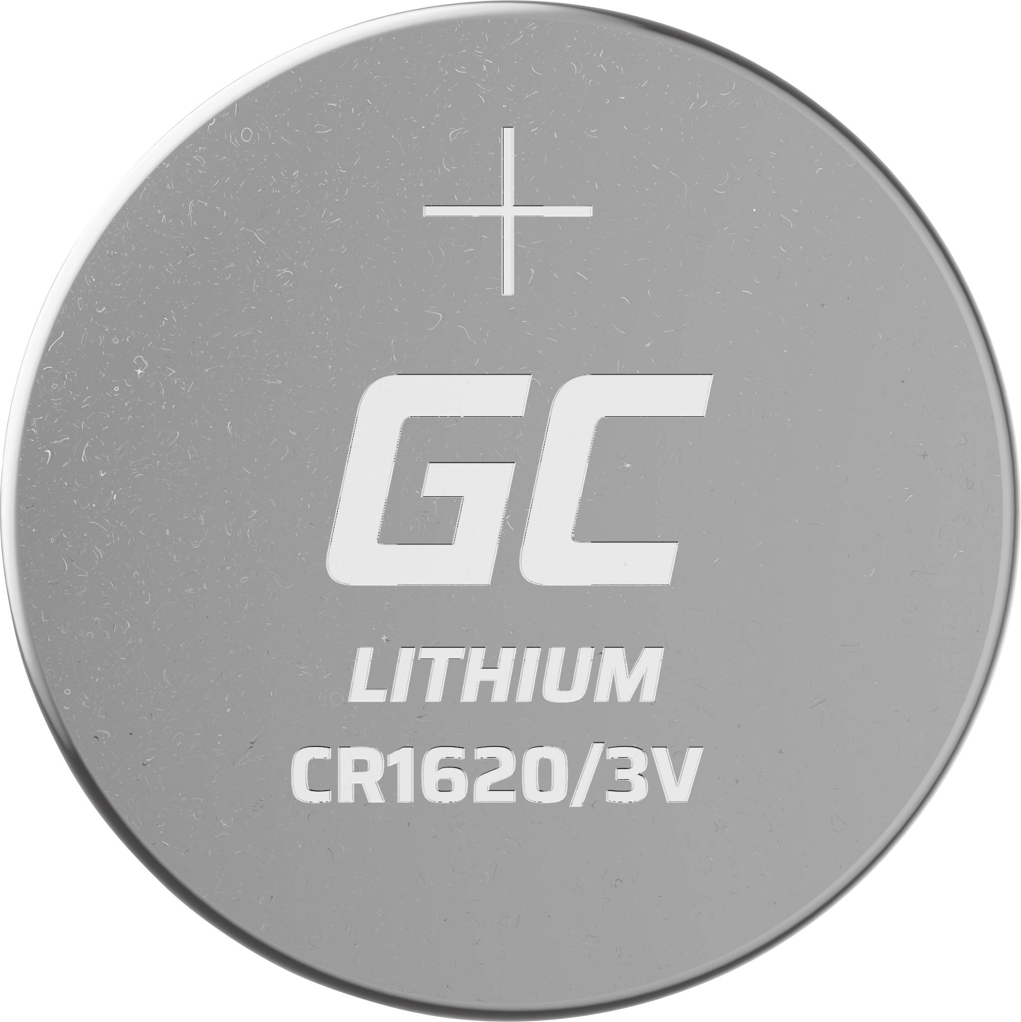 Silberne Lithium-Knopfzelle mit eingeprägtem Text: 'GC Lithium CR1620/3V' und ein Pluszeichen.