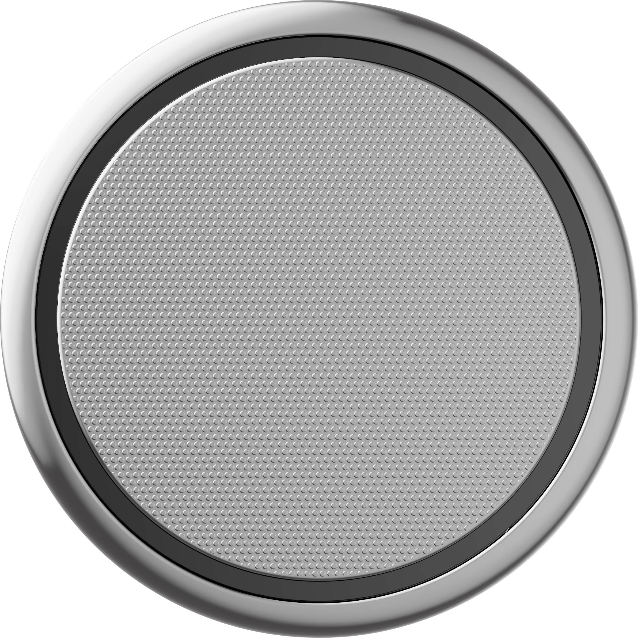 Runder grauer Knopf mit silbernem Rand, zeigt eine strukturierte Oberfläche im Zentrum.