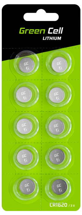 Zehn Lithium-Knopfzellen der Marke 'Green Cell', Modell CR1620, 3V, auf einer grünen Verpackung mit transparenten Blistern.