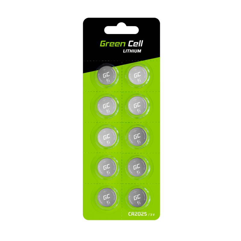 Zeigt eine Blisterverpackung mit zehn 3V CR2025 Lithium-Knopfzellen von Green Cell. Verpackung ist schwarz und grün.