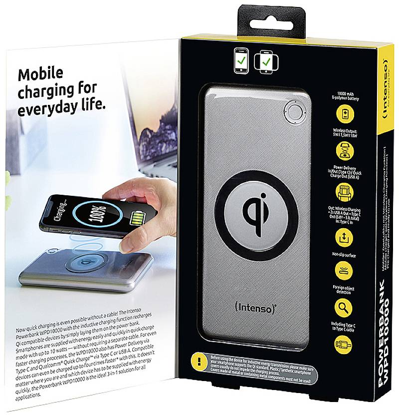 Intenso WPD 10000 Powerbank 10000 mAh Quick Charge 3.0, USB PD 3.0 LiPo USB-A, USB-C® Silber Statusanzeige