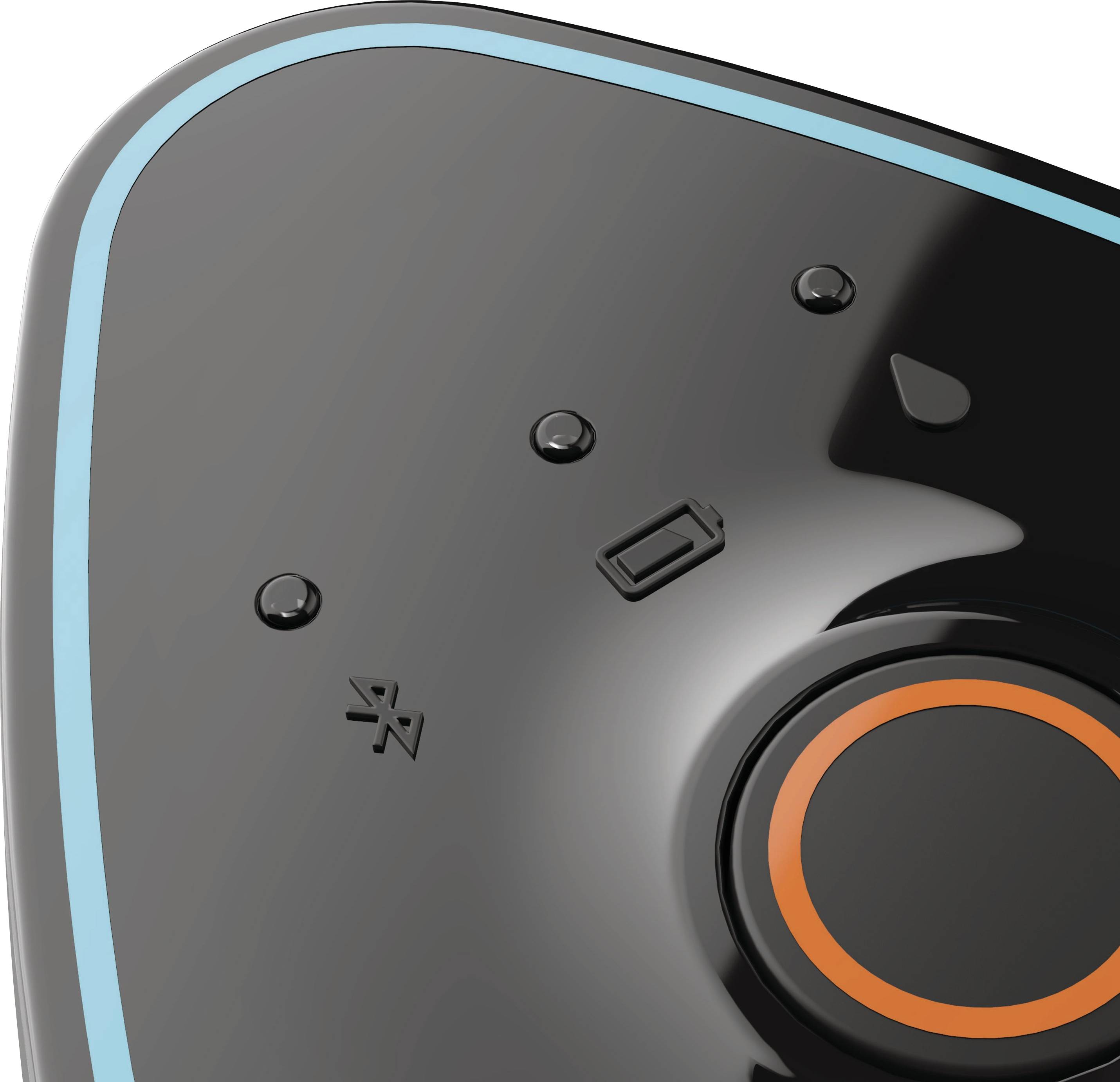 Nahaufnahme eines schwarzen Geräts mit blauen Akzenten, drei Symboltasten und einem zentralen orangefarbenen Kreis. Möglicherweise ein technisches Bedienfeld.