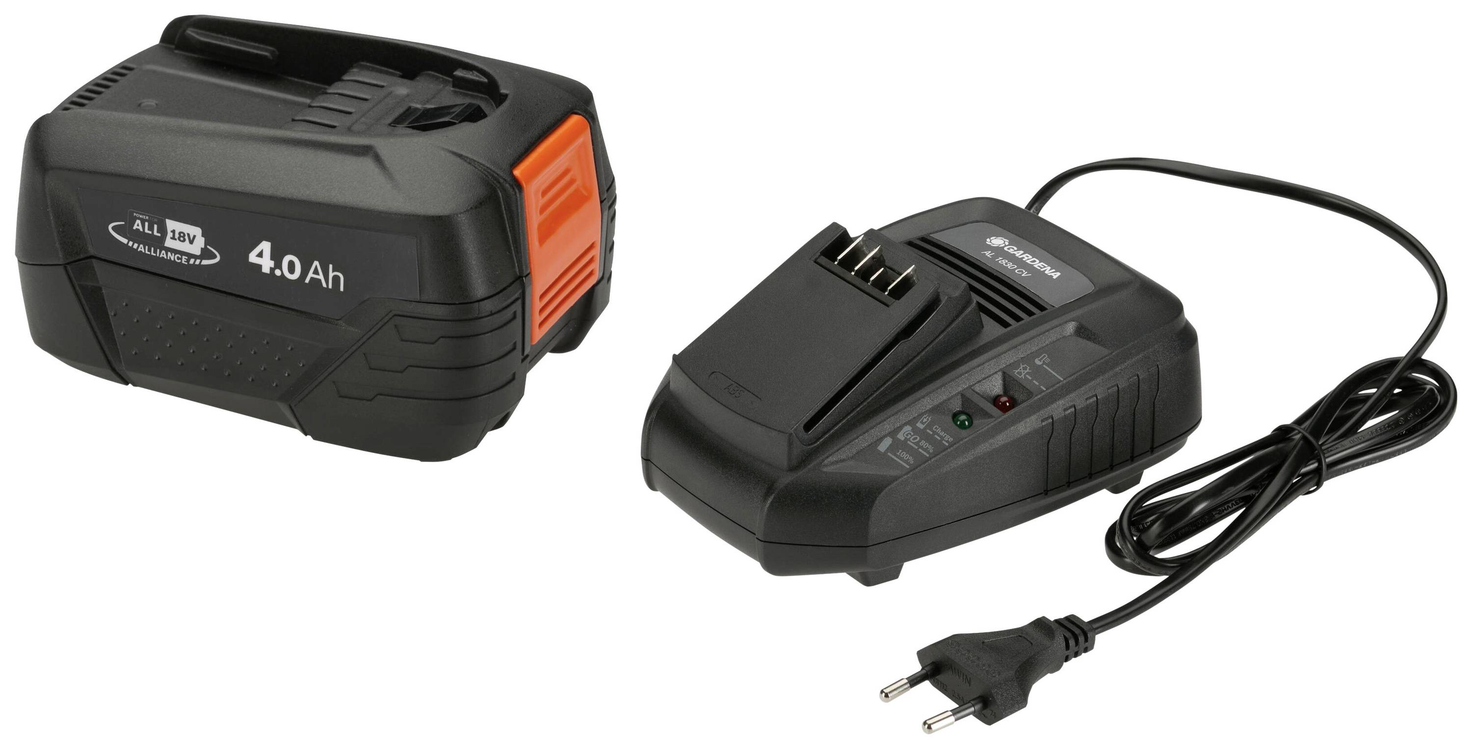Akkuladegerät und Li-Ionen-Akku mit 4,0 Ah für Elektrowerkzeuge, verbunden mit einem Netzkabel im europäischen Steckerformat.