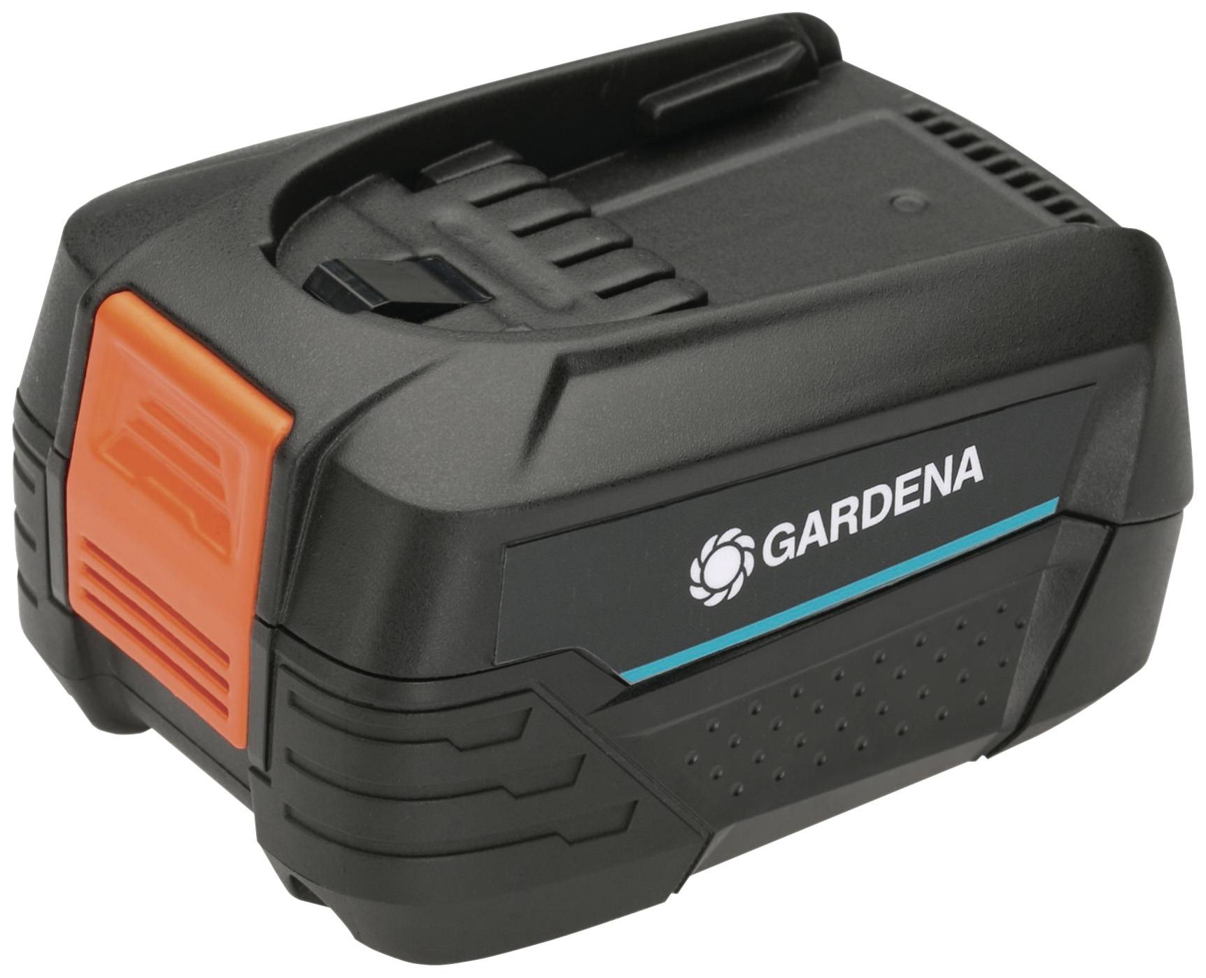 Ein schwarzer Akku mit orangefarbenen Details und dem GARDENA-Logo.