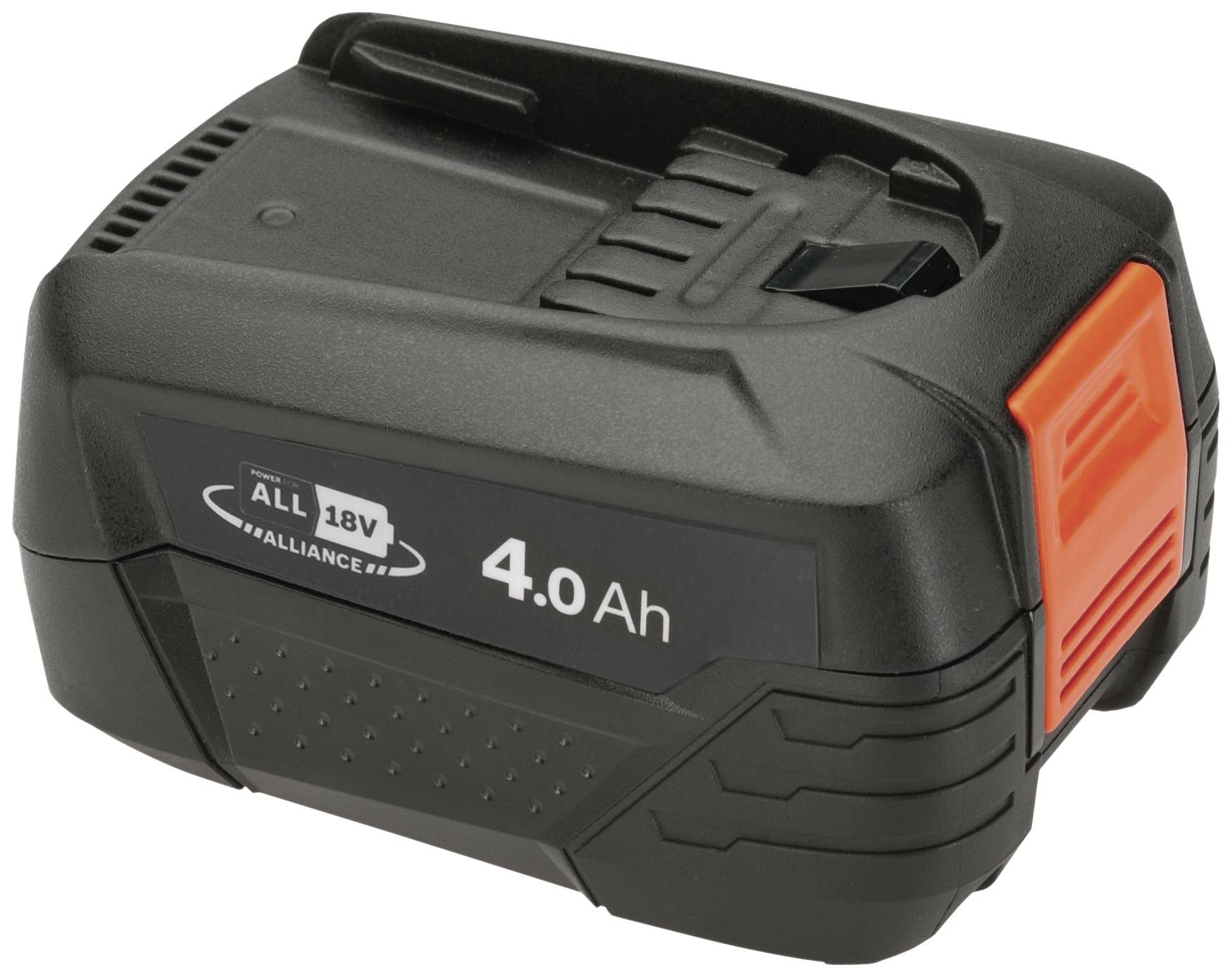 Schwarzer Akkupack mit rotem Detail, Kennzeichnung '18V 4.0 Ah'. Für Werkzeuge, bietet hohe Leistung und lange Laufzeit.