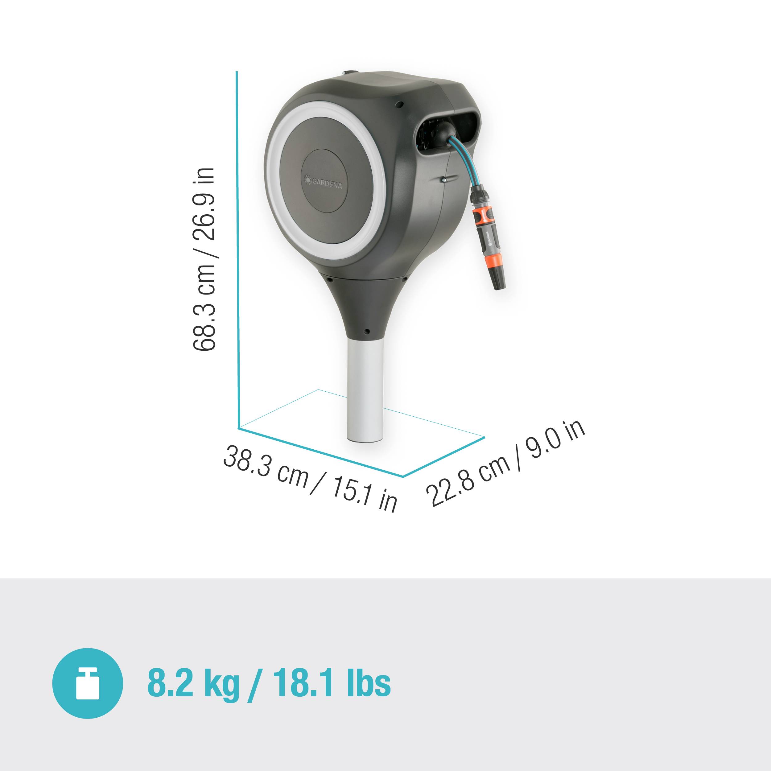 Installierte automatische Hundeleine mit Abmessungen: Höhe 68,3 cm, Breite 38,3 cm, Tiefe 22,8 cm. Gewicht: 8,2 kg.