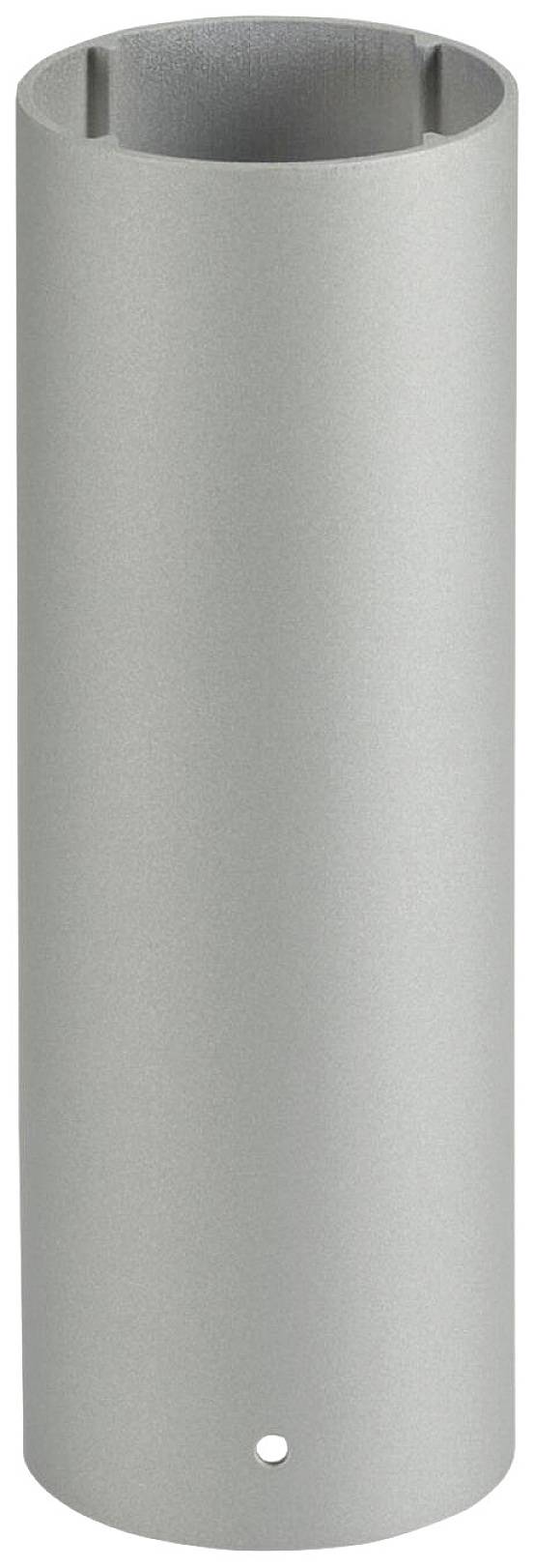 Zylindrisches silbernes Metallrohr, vertikal stehend, mit glatter Oberfläche und einer kleinen Öffnung nahe der Basis.