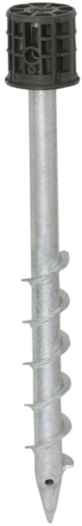 Metallschraubanker mit spiralförmigen Gewinden und schwarzem Kunststoffkopf, geeignet für stabile Verankerungen im Boden.