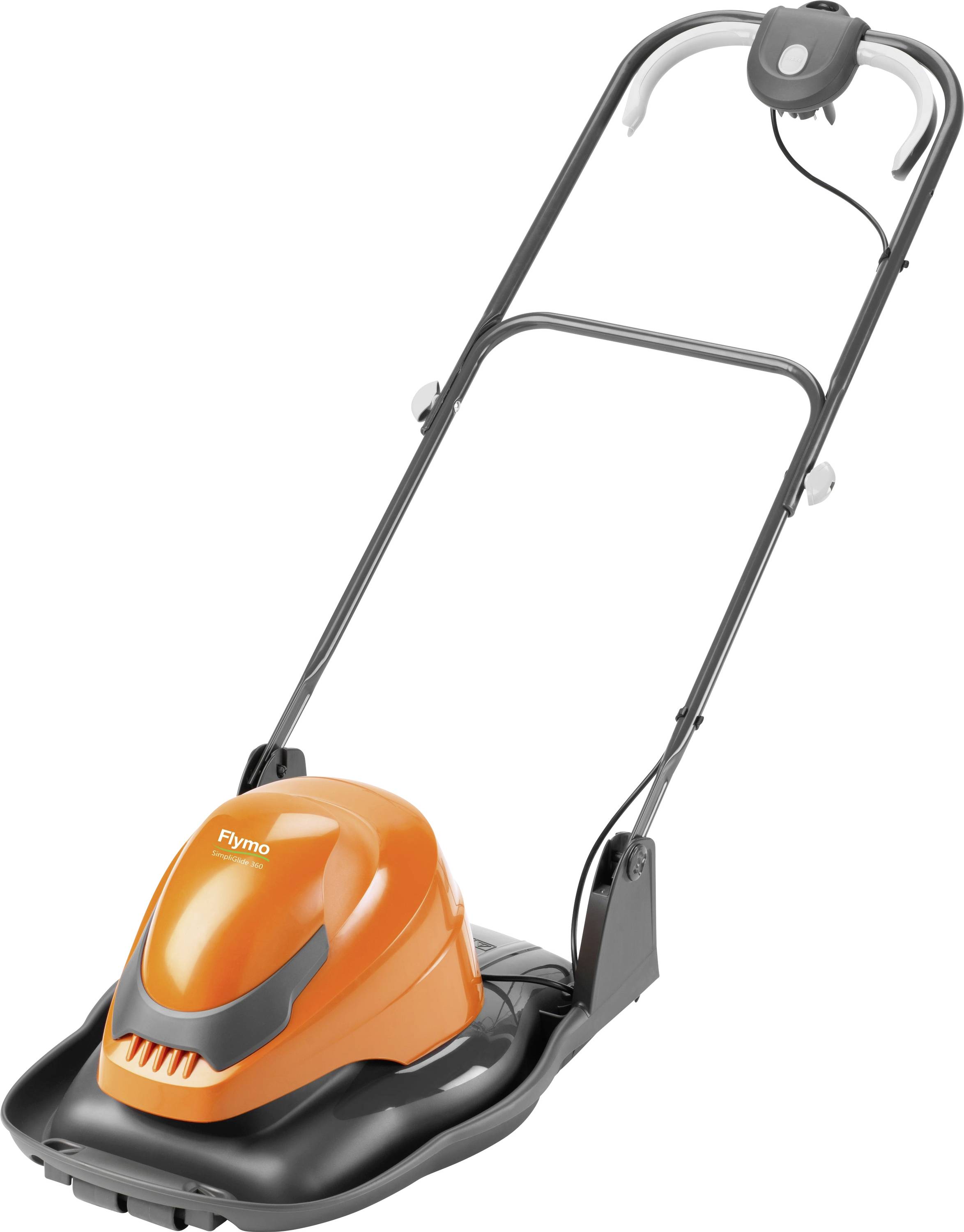 Orange und schwarzer elektrischer Schwebrasenmäher mit schlankem Design, ausgestattet mit einem robusten Griff für einfache Manövrierbarkeit.