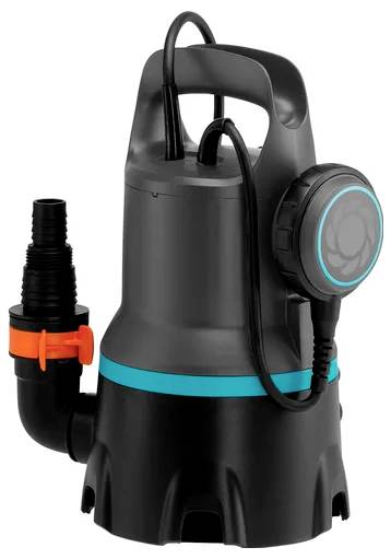Schwarze Tauchpumpe mit blauem Ring und Kabel, geeignet für Wasserentwässerung. Rechte Seite zeigt seitlichen Wasseranschluss.