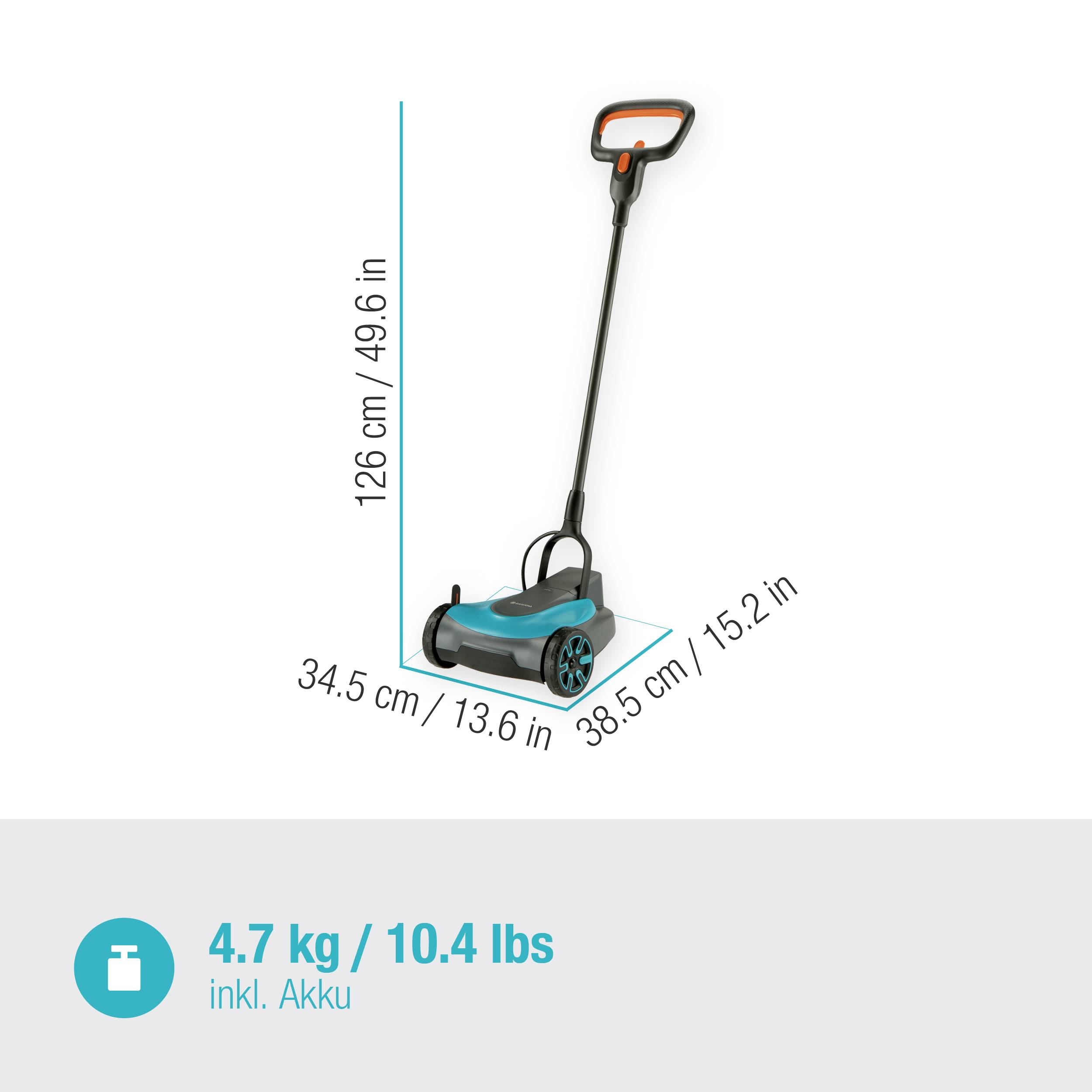 Elektro-Rasentrimmer mit Batteriebetrieb, Maße: 126 x 38,5 x 34,5 cm. Gewicht: 4,7 kg inkl. Akku.