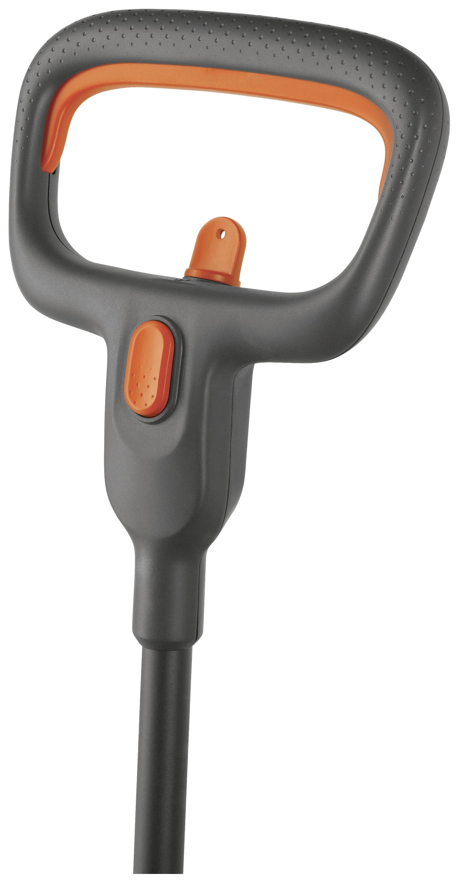 Schwarzer Griff mit rotem Schalter, geeignet für Gartengeräte. Der Griff hat eine ergonomische Form für besseren Halt.