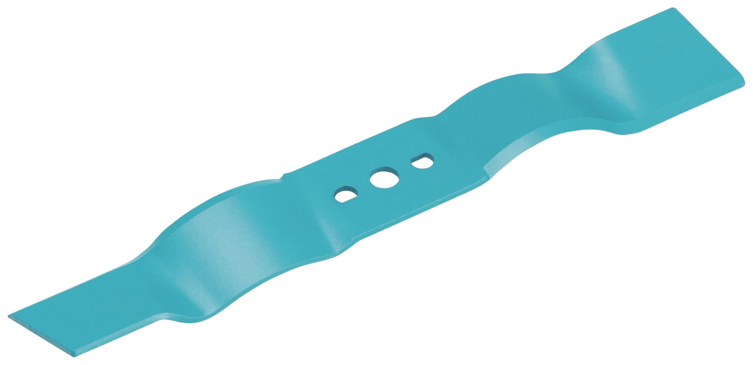 Ein blaues Ersatzmesser für Rasenmäher mit drei Löchern in der Mitte und geschwungenen Kanten.