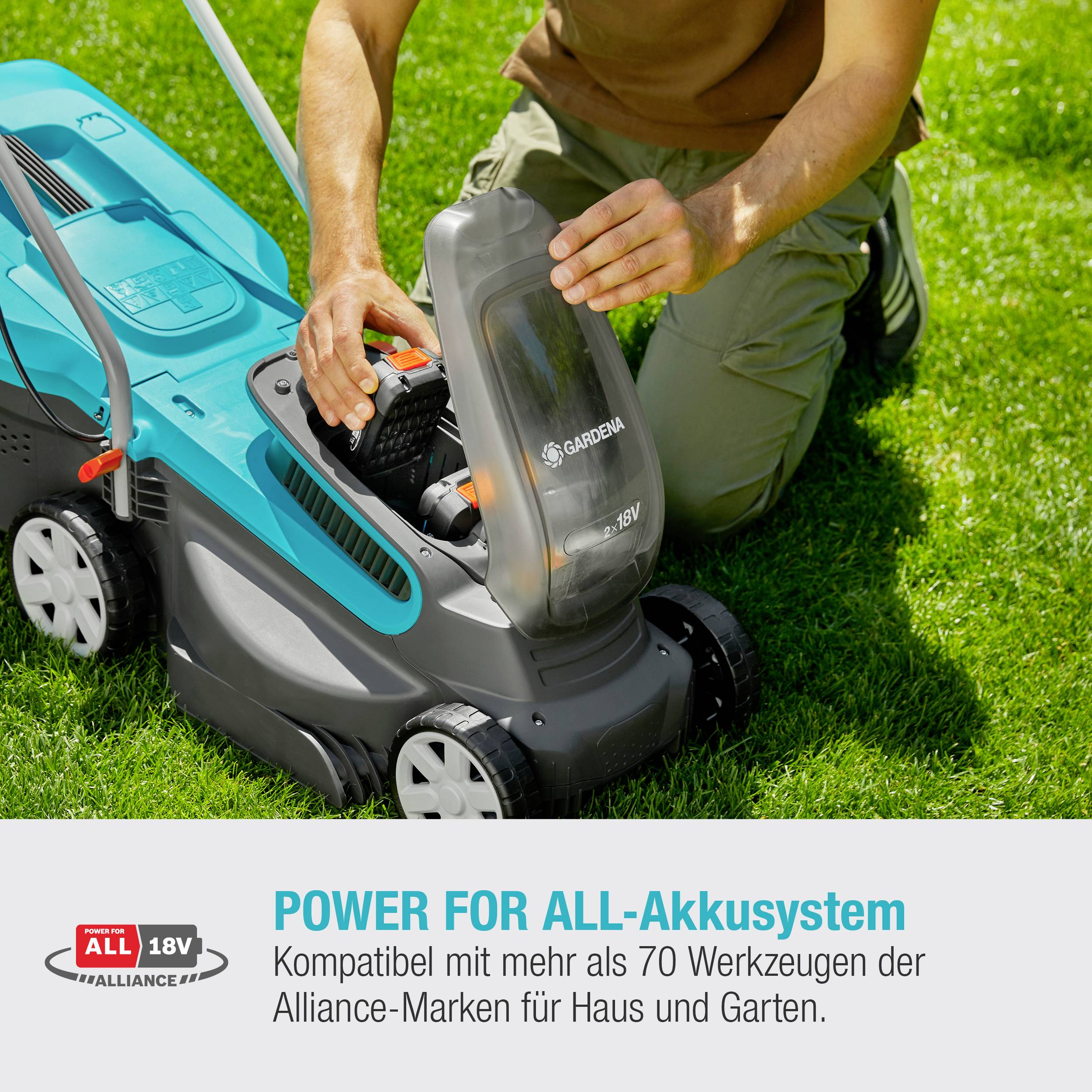 GARDENA PowerMax 32/36V P4A Ready-To-Use-Set Akku Rasenmäher inkl. 2. Akku, inkl. Ladegerät, mit Ra