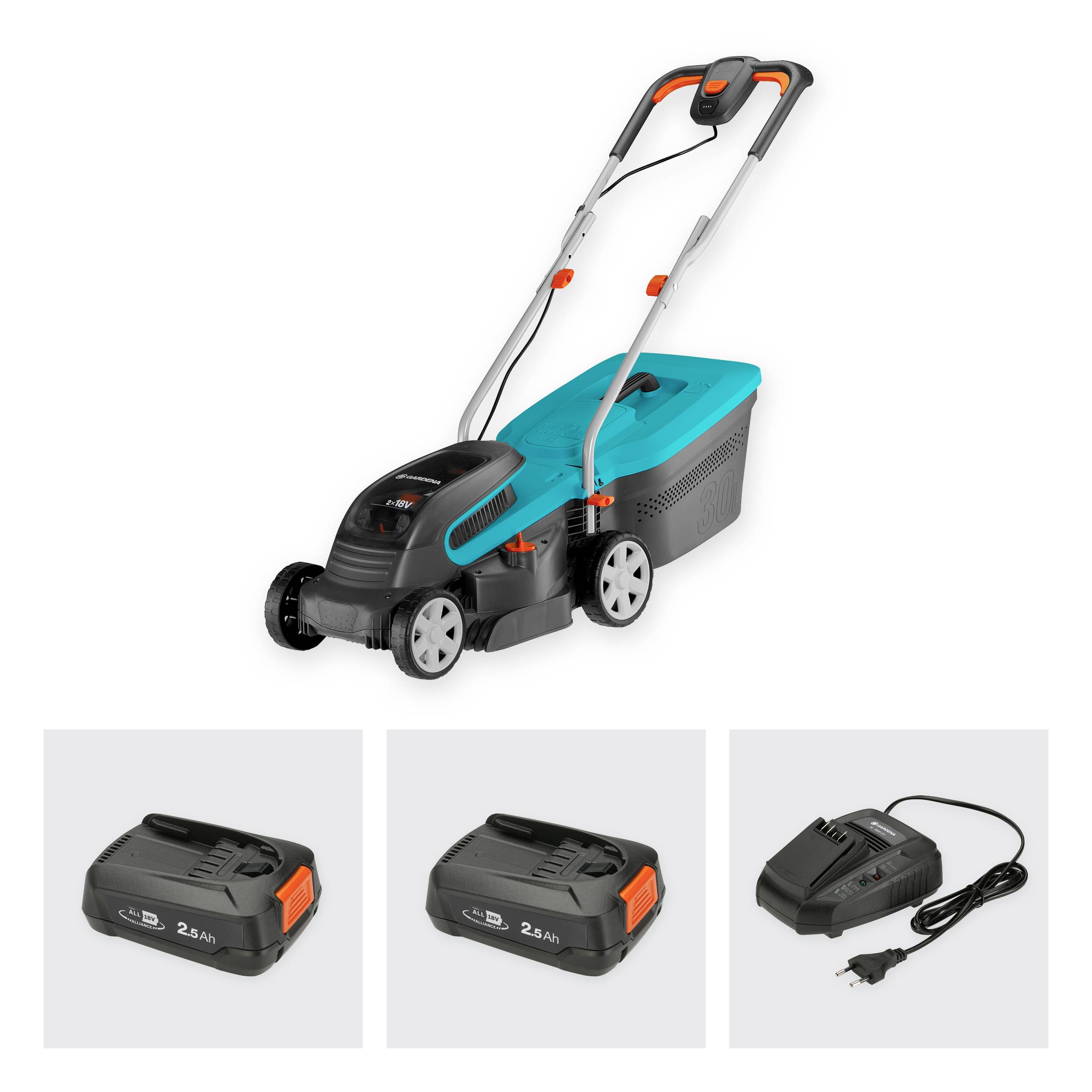 GARDENA PowerMax 32/36V P4A Ready-To-Use-Set Akku Rasenmäher inkl. 2. Akku, inkl. Ladegerät, mit Ra