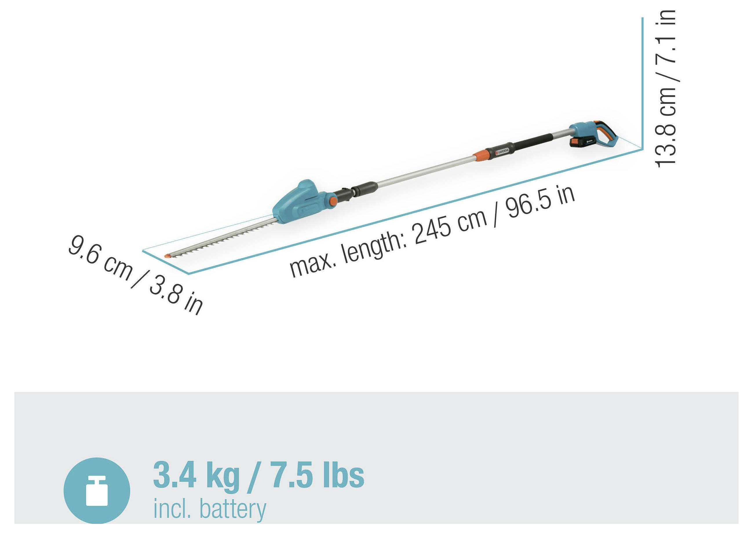 Teleskop-Heckenschere mit einer maximalen Länge von 245 cm (96,5 Zoll) und einem Gewicht von 3,4 kg (7,5 Pfund) einschließlich Batterie.