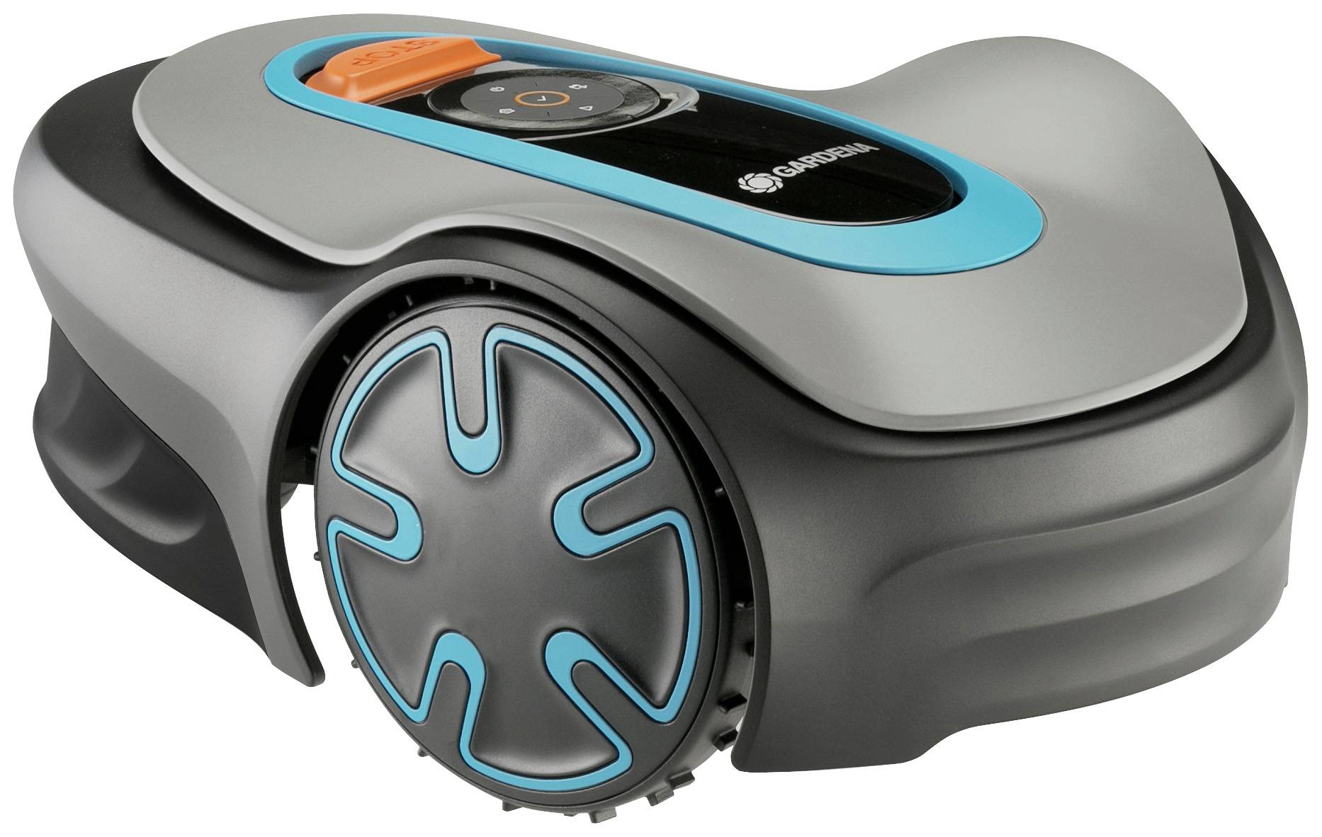 Ein grauer und blauer Mähroboter mit modernen Design-Elementen, auf einem weißen Hintergrund gezeigt.