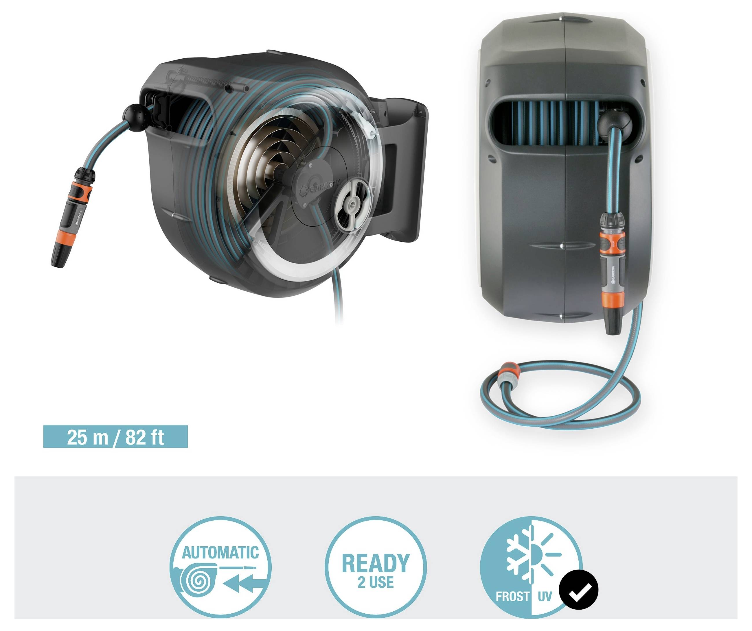 Automatische Schlauchtrommel, 25 m/82 ft, Funktionen umfassen automatische Aufrollung, einsatzbereit, Frost- und UV-Schutz.