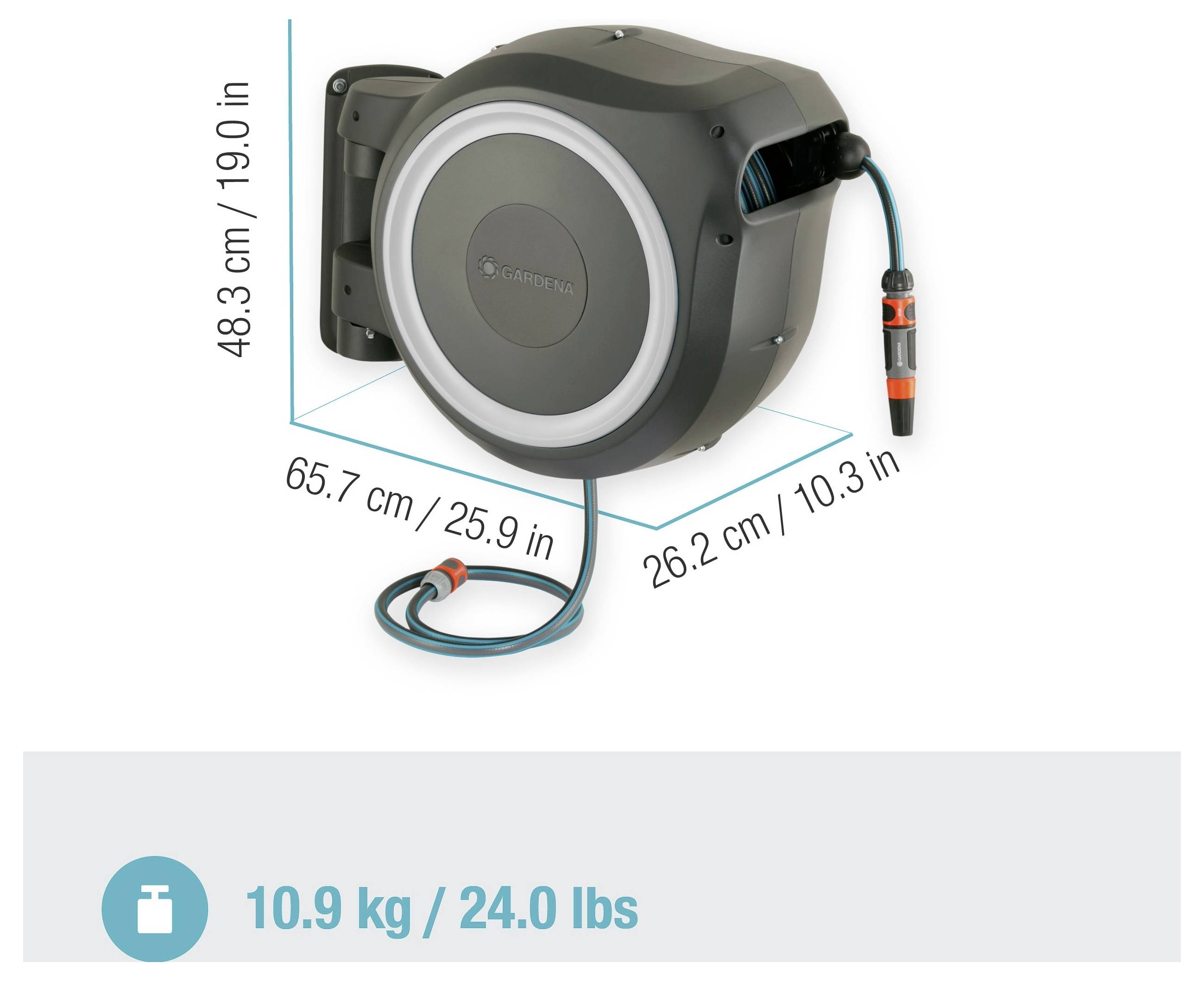 Automatische Schlauchtrommel mit Abmessungen: 48,3 cm (19,0 Zoll) Höhe, 65,7 cm (25,9 Zoll) Breite, 26,2 cm (10,3 Zoll) Tiefe, Gewicht 10,9 kg (24,0 lbs).
