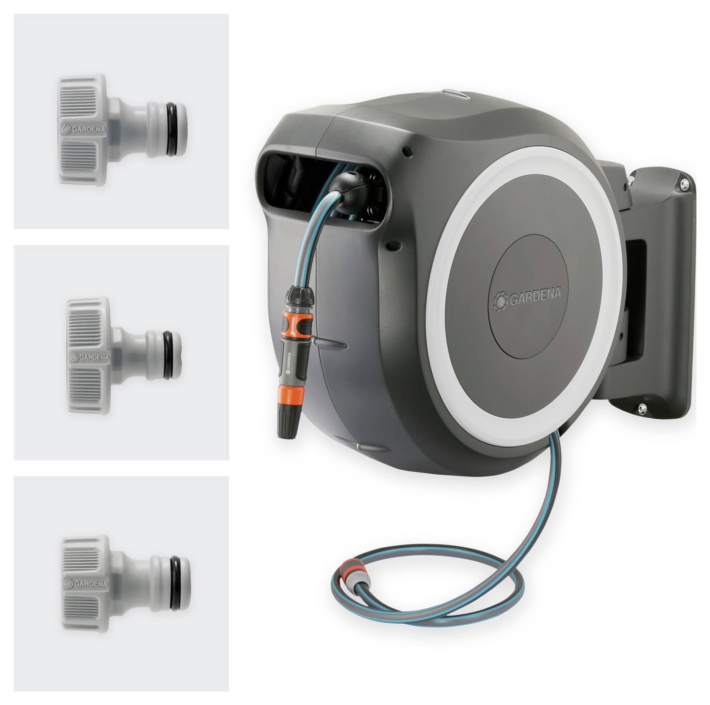 Eine an der Wand montierte automatische Schlauchtrommel mit angeschlossenem Schlauch; zusätzliche separate Schlauchdüsen auf der linken Seite angezeigt.