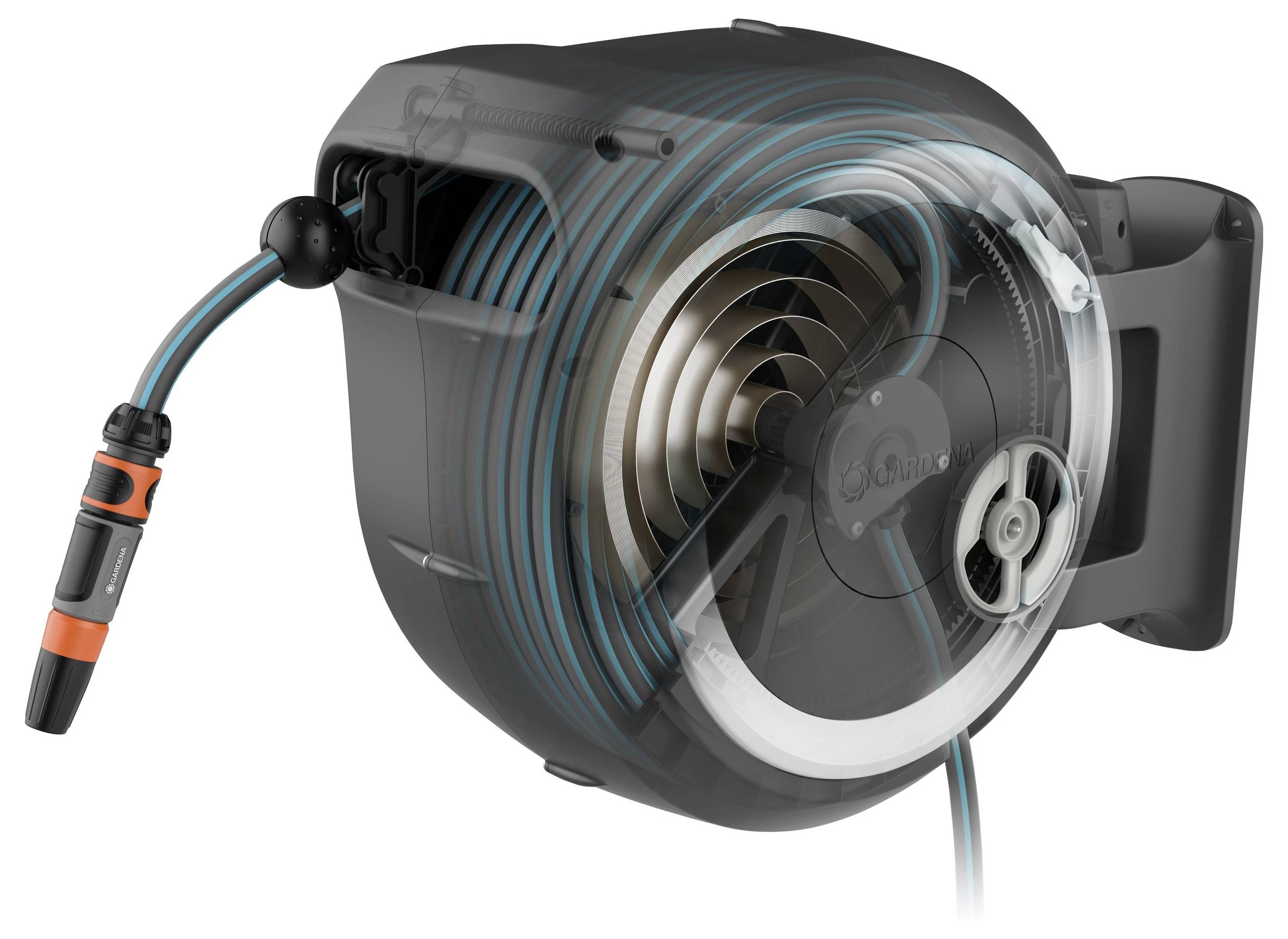 Einziehbare Gartenschlauchrolle mit wandmontiertem Design, das interne Mechanismen für sanfte Aufrollung und einen Griff für manuelle Bedienung zeigt.