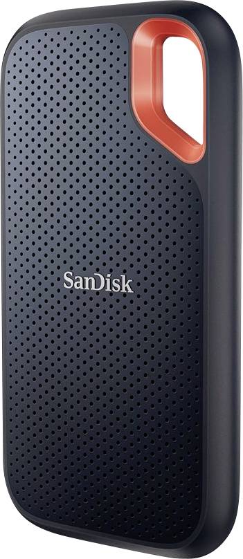 Externe SSD-Festplatte von SanDisk mit einem schwarzen, perforierten Design und einem orangefarbenen Akzent am Griff.
