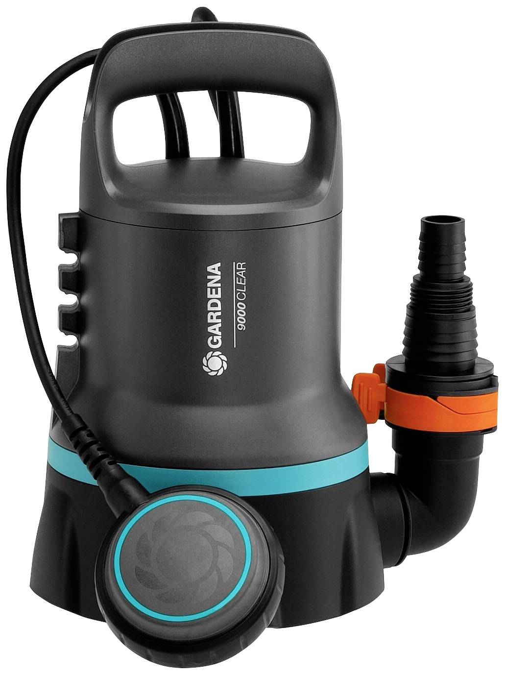 Eine schwarze Tauchpumpe der Marke Gardena mit blauem Ring und orangem Ventil. Sie eignet sich zum Abpumpen von klarem Wasser.