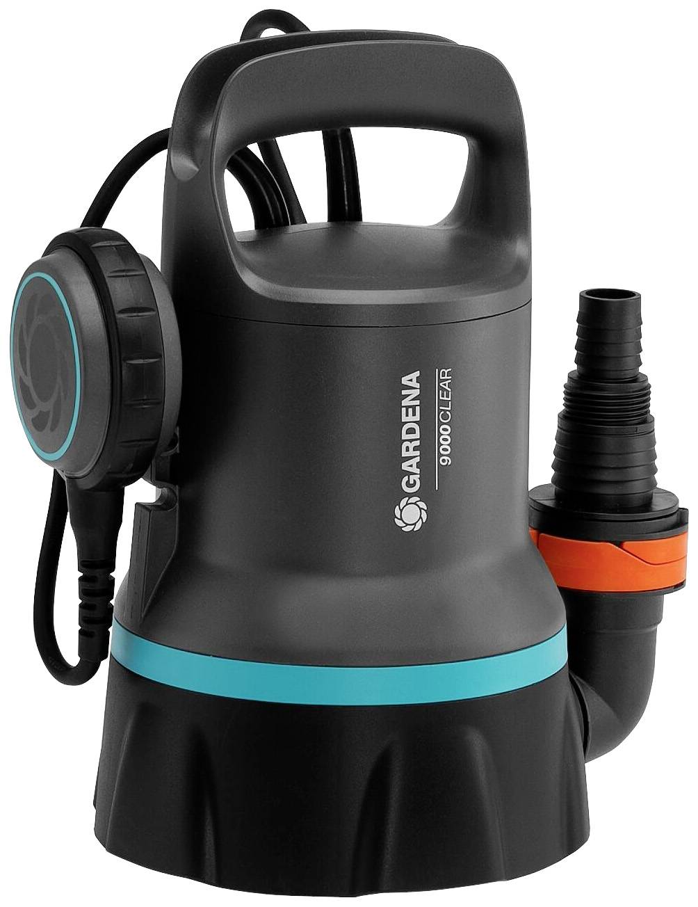 Eine schwarze Tauchpumpe mit blauen und orangefarbenen Details, geeignet zum Abpumpen von klarem Wasser.