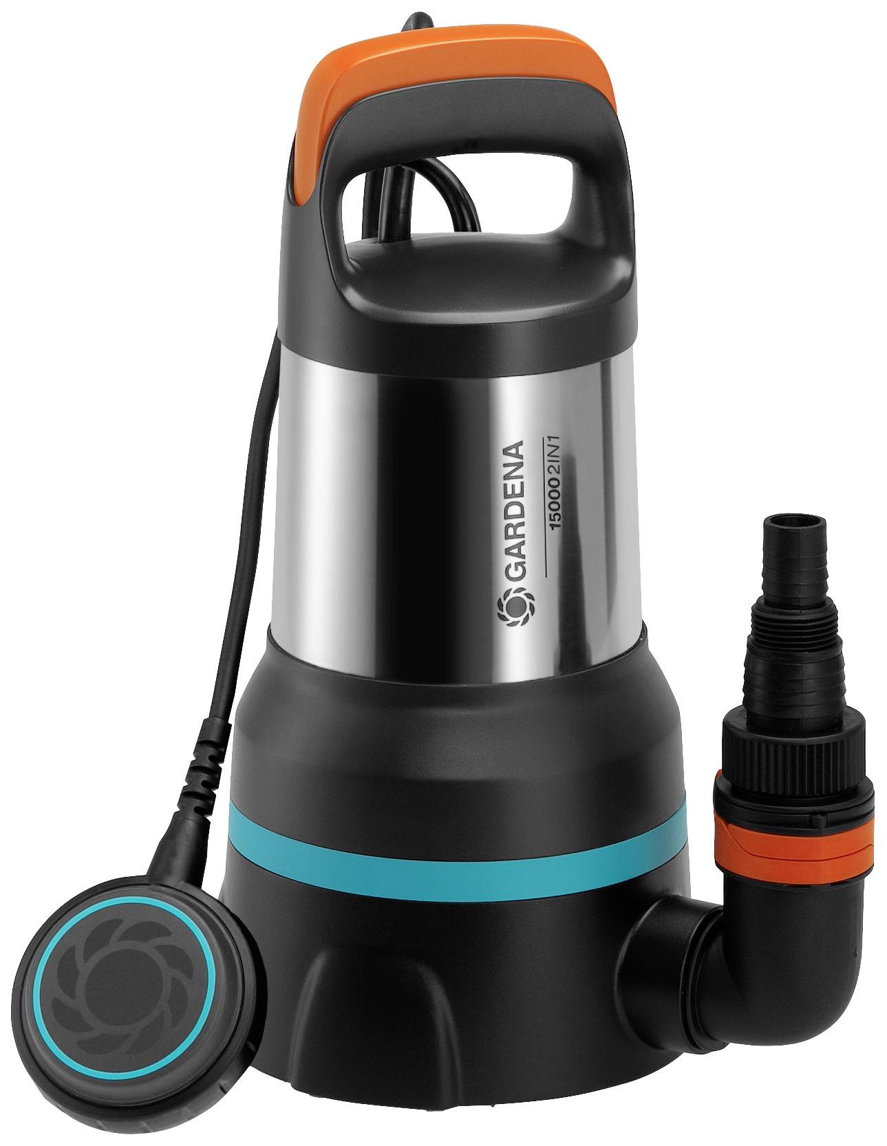 Schwarze Tauchpumpe mit orangenen und blauen Details. Eignet sich zum Abpumpen von Wasser. Marke 'Gardena' an der Seite sichtbar.