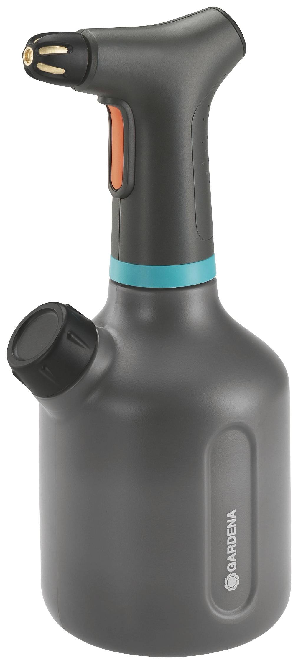 Eine schwarze Sprühflasche mit blauem Akzent und orangenen Details. Markierung 'Gardena' sichtbar an der Seite.