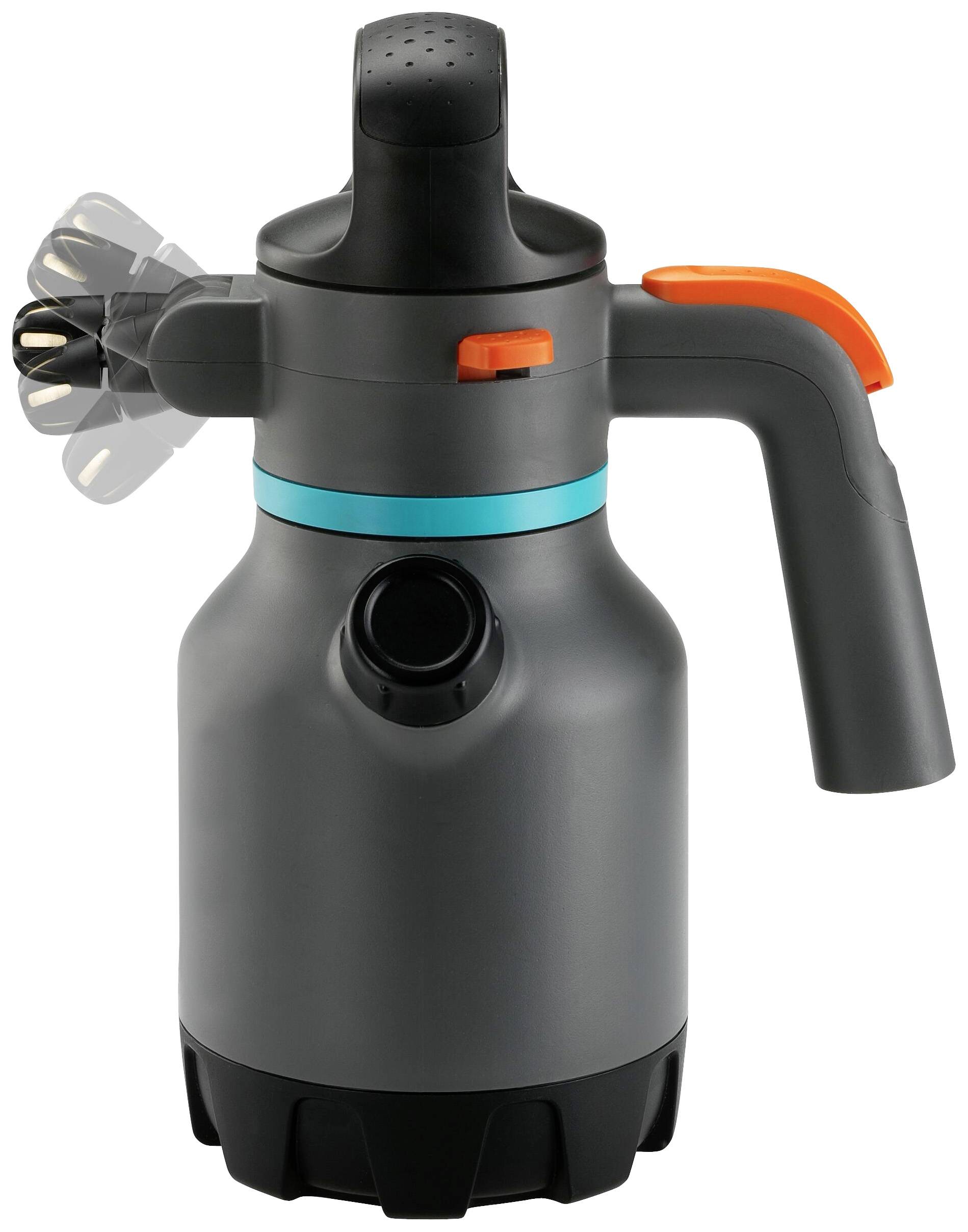 Grauer Drucksprüher mit ergonomischem Griff und orangefarbenem Auslösehebel; Düse zur einfachen Verteilung von Flüssigkeiten.