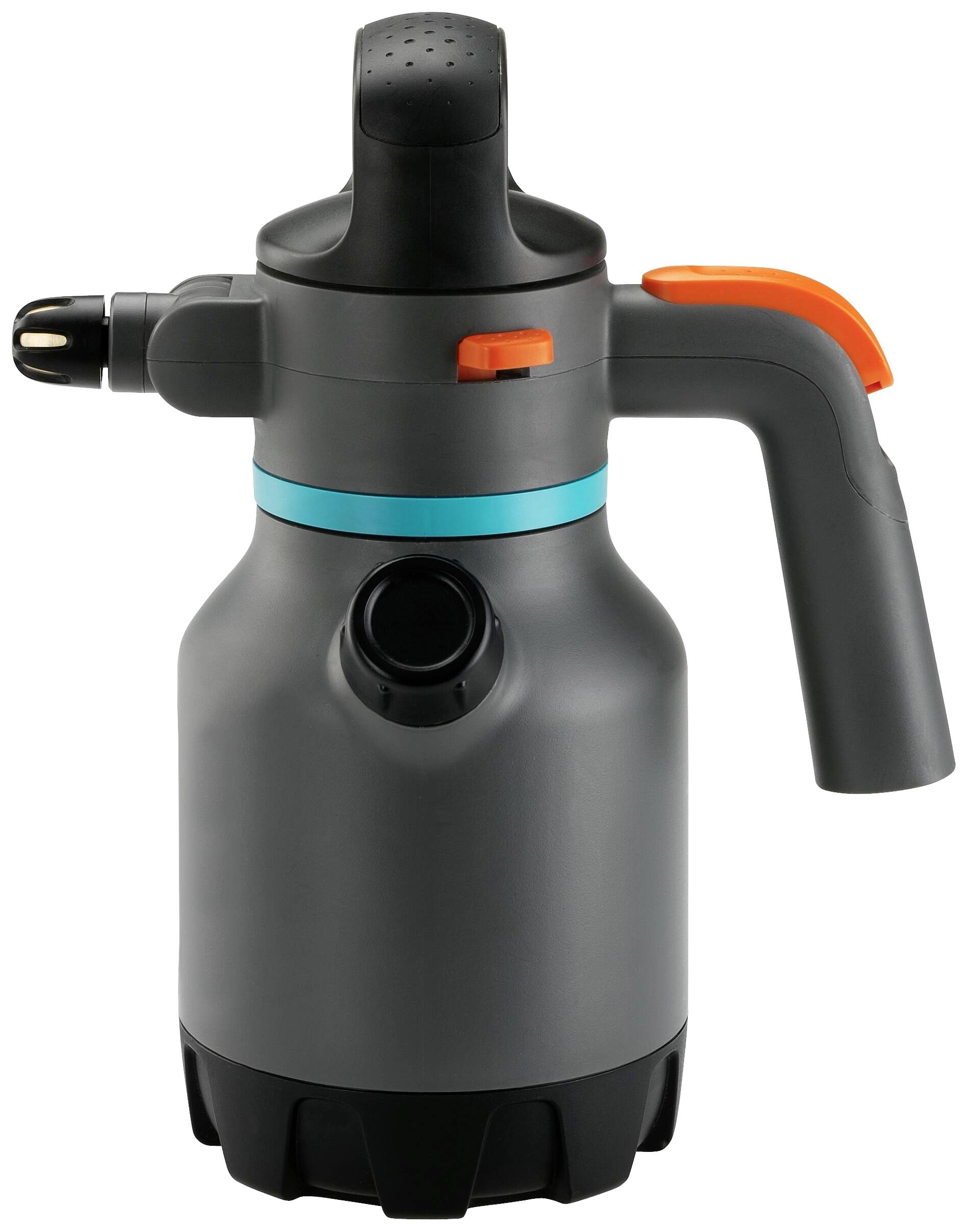 Grauer Drucksprüher mit schwarzem und orangefarbenem Griff, schwarzem Sprühkopf und blauem Zierstreifen.