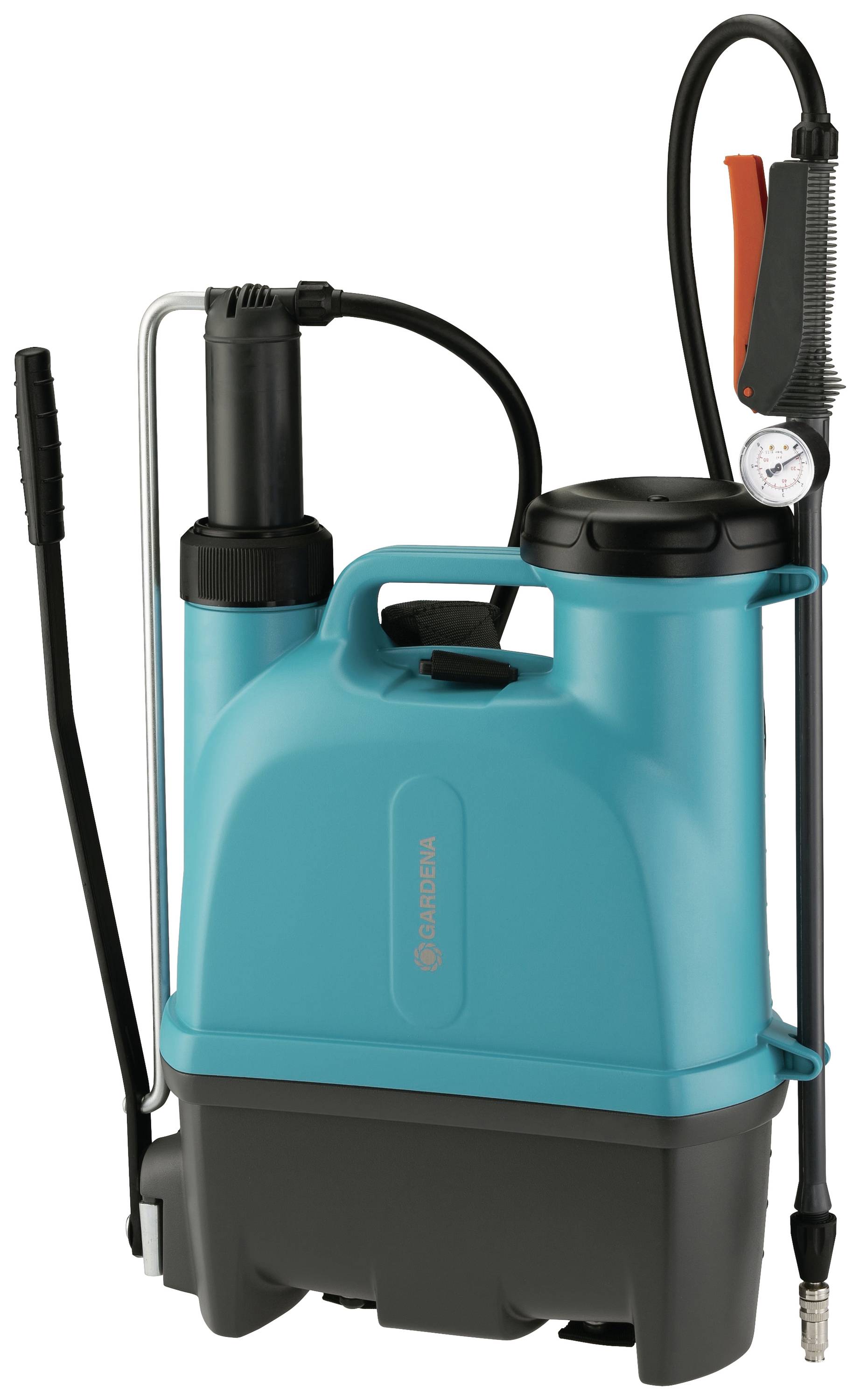 Ein blauer Rückensprühgerät mit schwarzem Boden und Griffen, ausgestattet mit einem Manometer und Sprühlanze, zum Vernebeln von Flüssigkeiten.