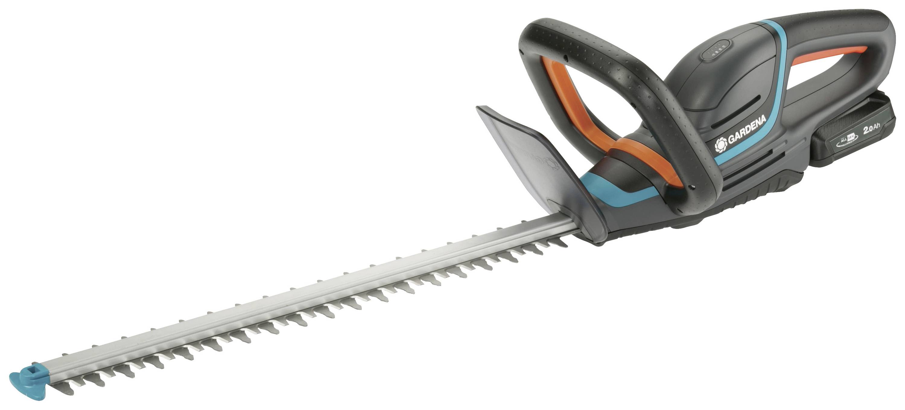 Akkubetriebene Heckenschere mit ergonomischem Griff und Sicherheitsknopf. Geeignet für präzises Trimmen von Büschen und Hecken.