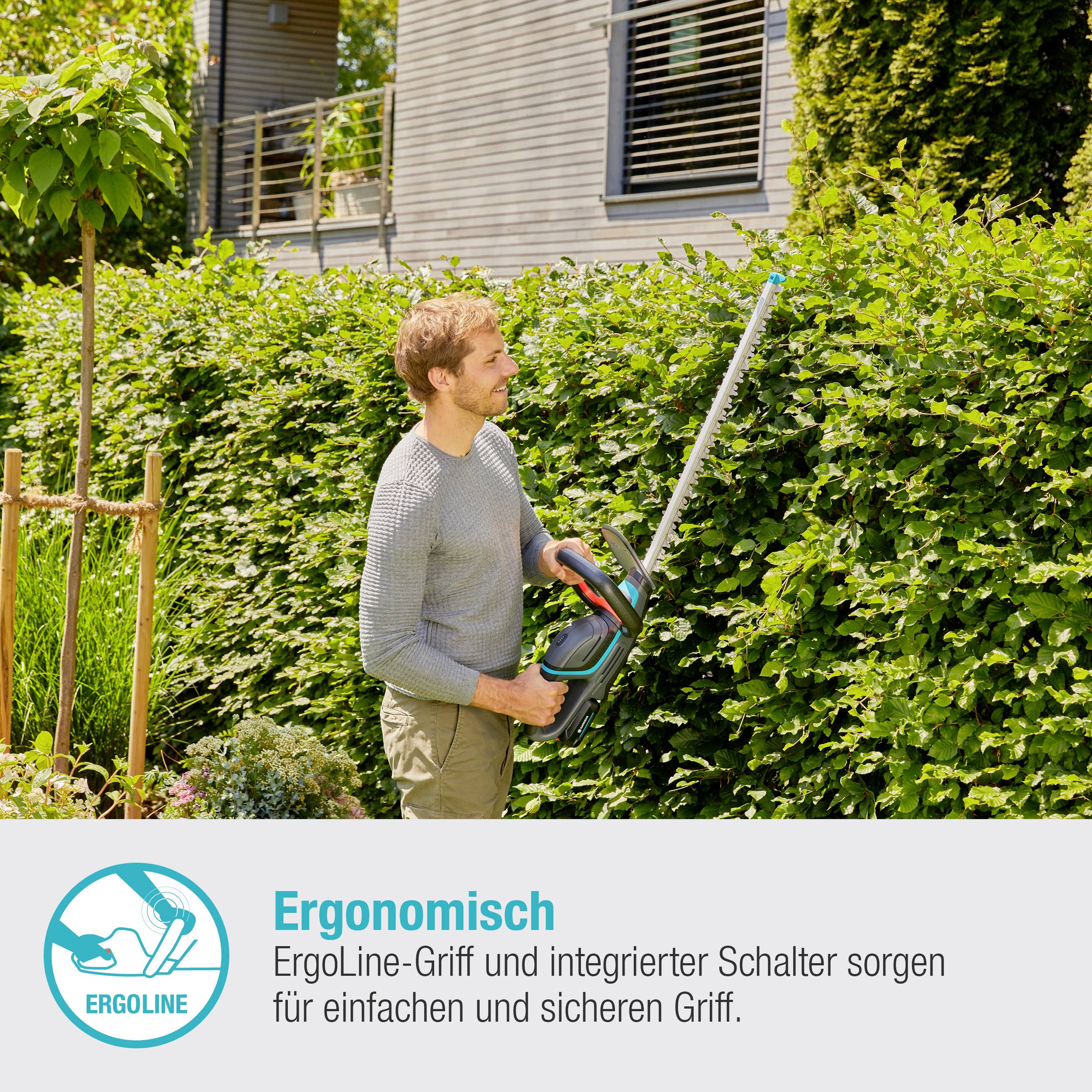 Mann schneidet mit Heckenschere Hecke, lächelt. Text: 'Ergonomisch' – Details zum Griff für einfachen, sicheren Gebrauch.