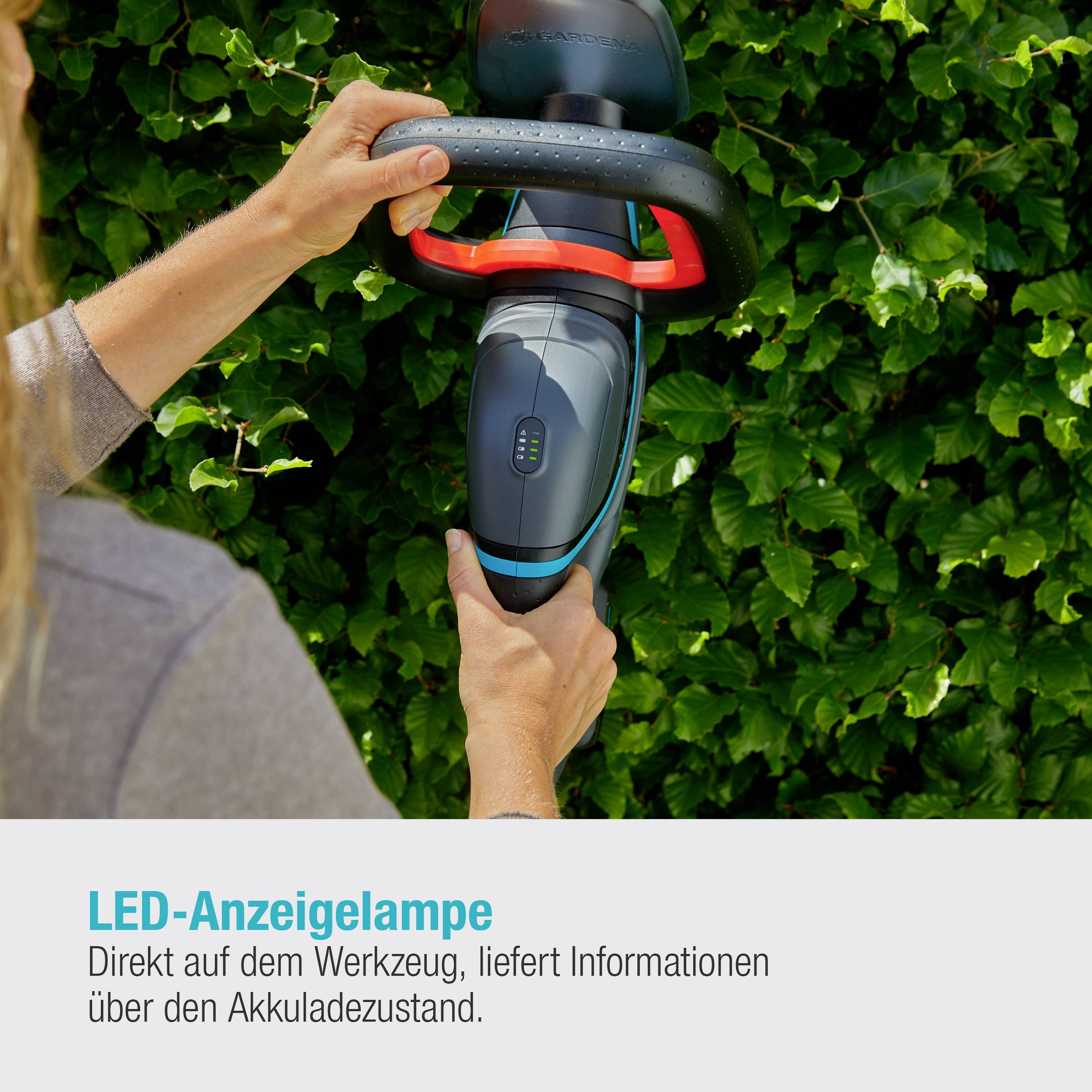 Person hält ein elektrisches Werkzeug vor einer grünen Hecke. Text unten: 'LED-Anzeigelampe - liefert Informationen über den Akkuladezustand'.