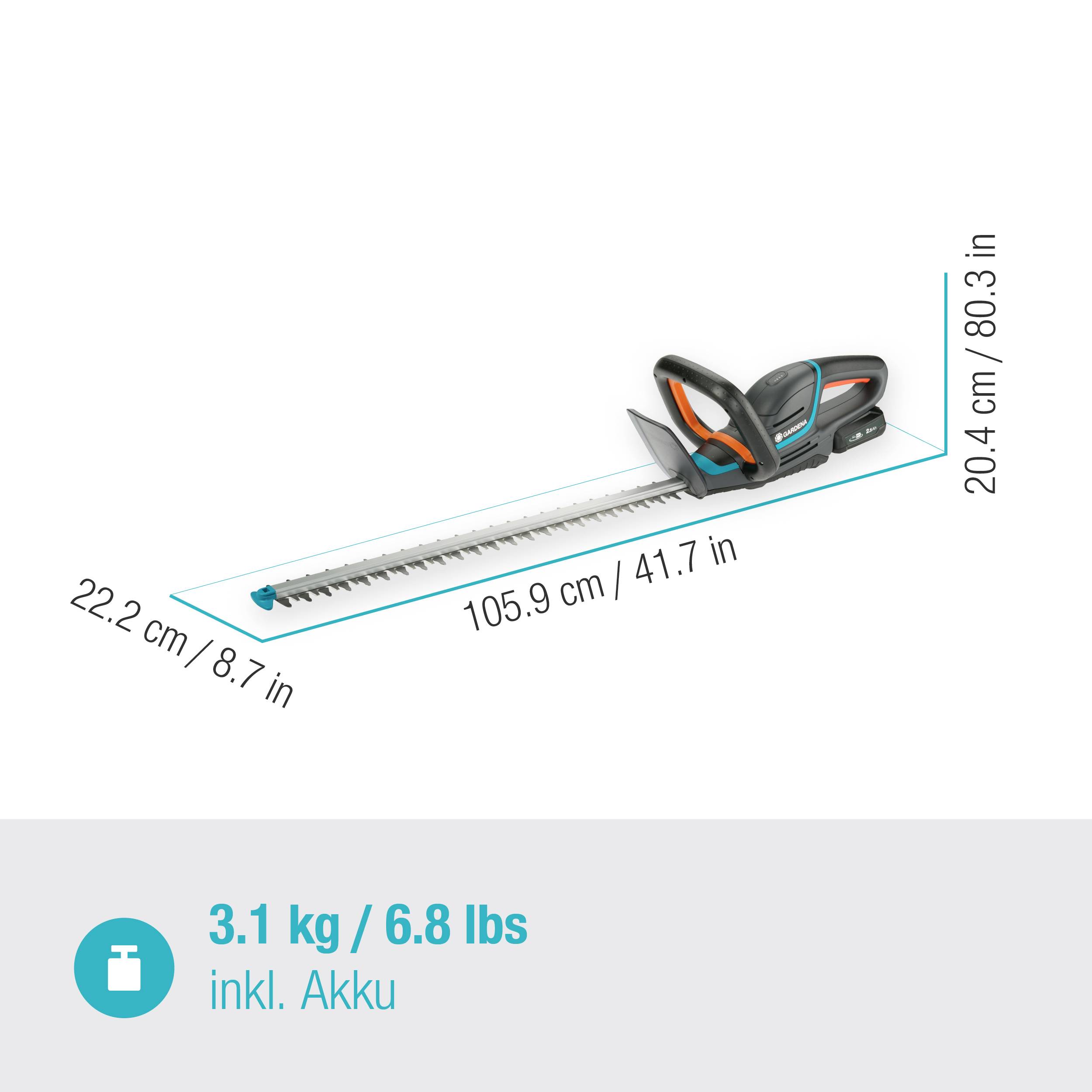 Heckenschere mit blauer Linie zur Anzeige der Abmessungen: 22,2 cm Tiefe, 105,9 cm Länge, 20,4 cm Höhe. Gewicht: 3,1 kg inklusive Akku.