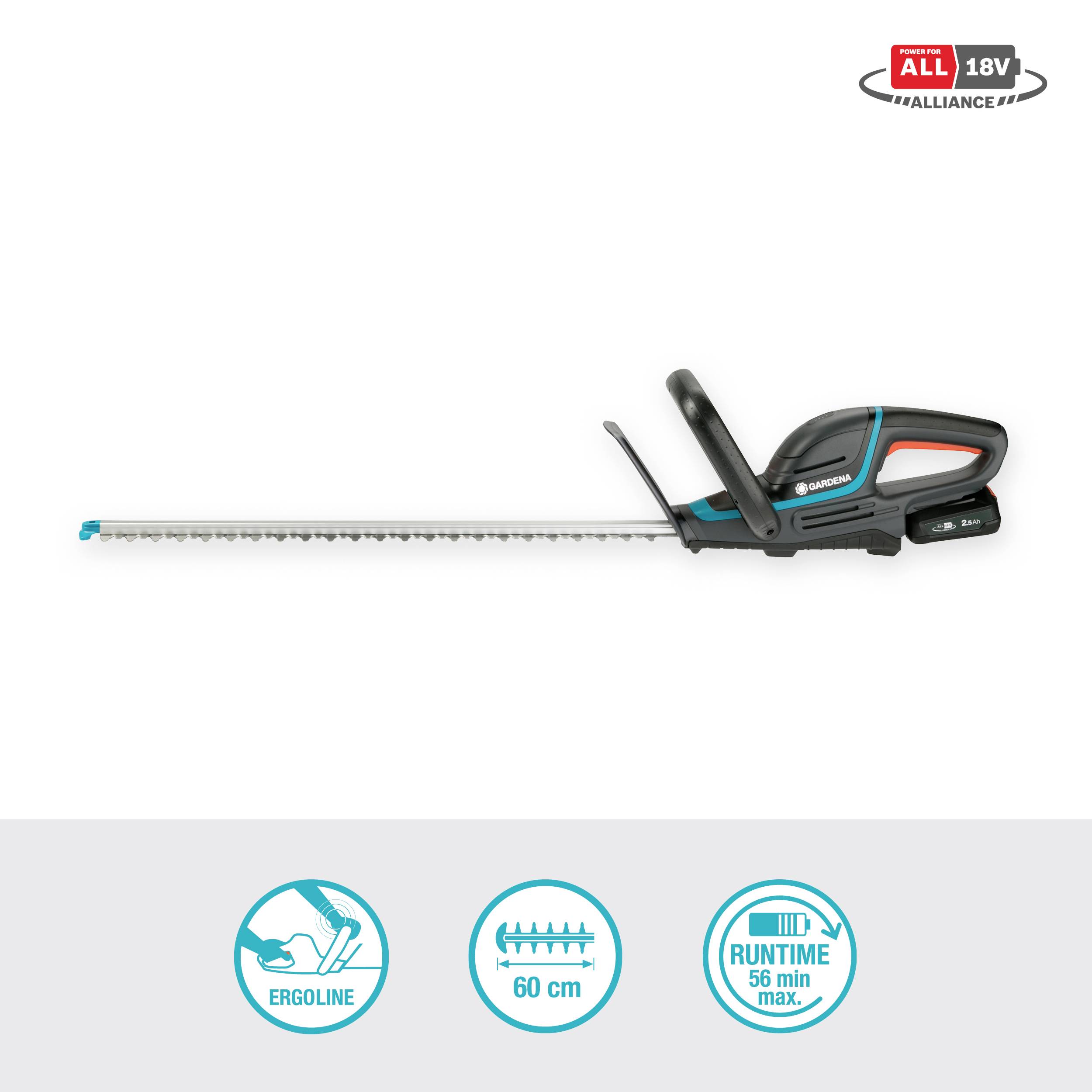 Akkubetriebene Heckenschere mit 60 cm Messerlänge, ergonomischem Design, einer Laufzeit von maximal 56 Minuten. Teil der 18V-Produktreihe.