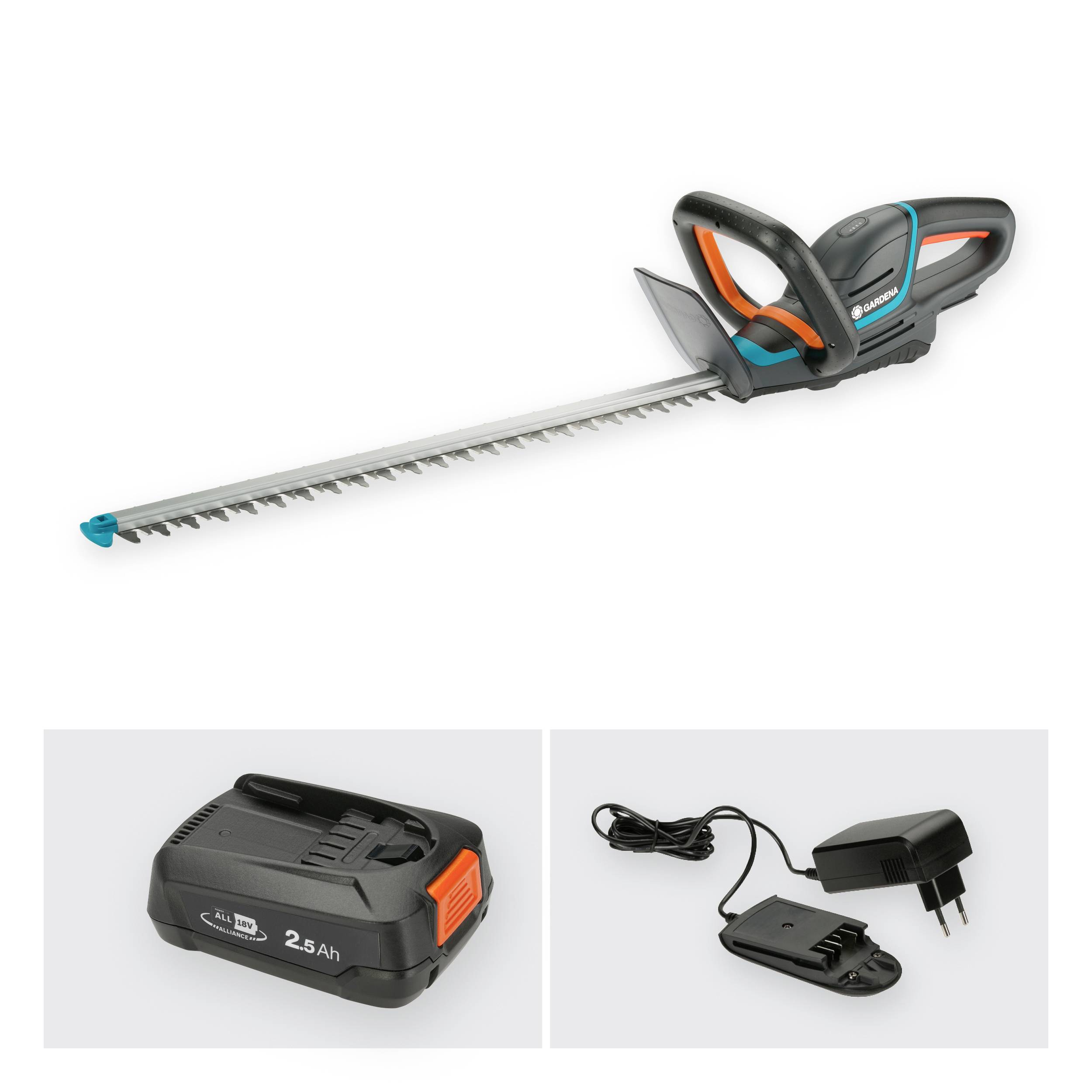 Ein elektrischer Heckenschneider mit schwarzem und orangefarbenem Griff und einem Akku-Ladegerät ist abgebildet.