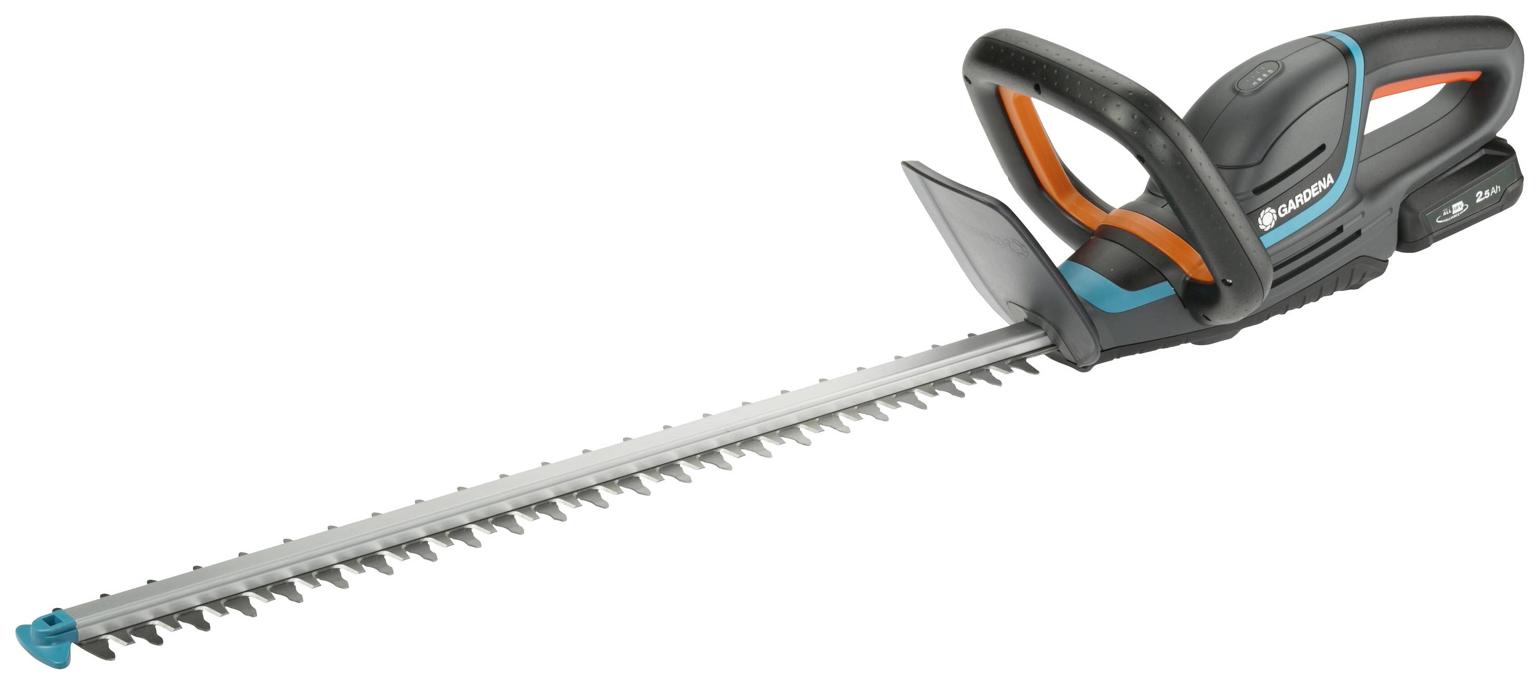 Akkubetriebene Heckenschere mit ergonomischem Griff und langem Schneidmesser; geeignet für präzises Trimmen von Hecken.